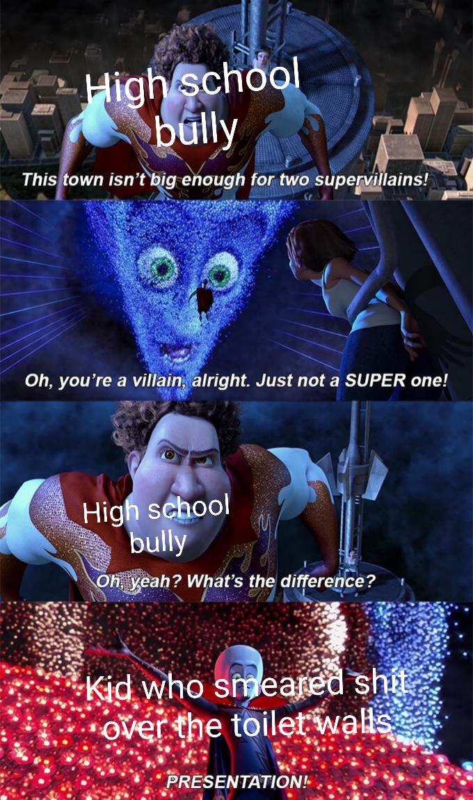 Megamind presenting himself to Titan and explaining how much