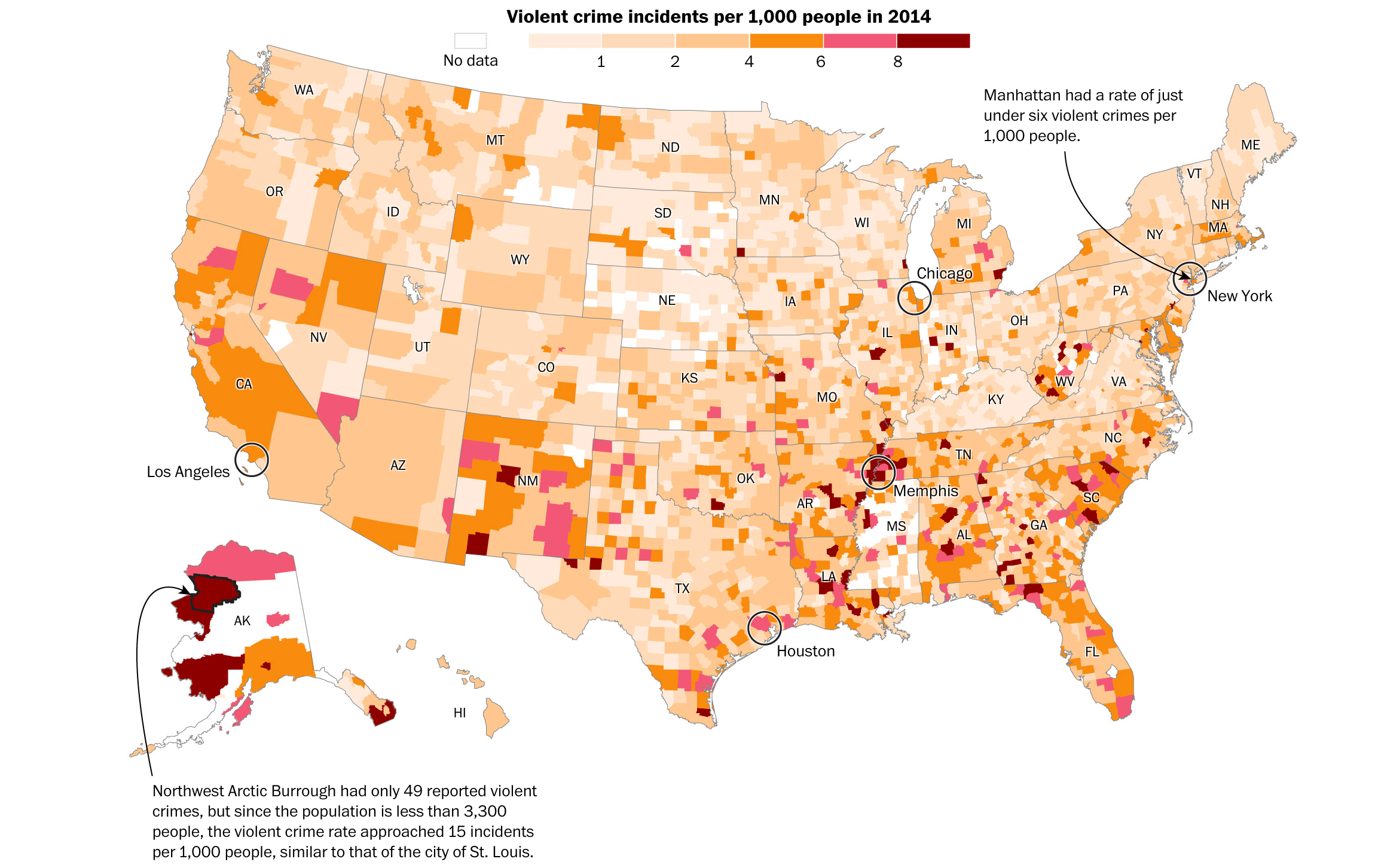 US crime rates by county in 2014 [2300X1452] r/MapPorn