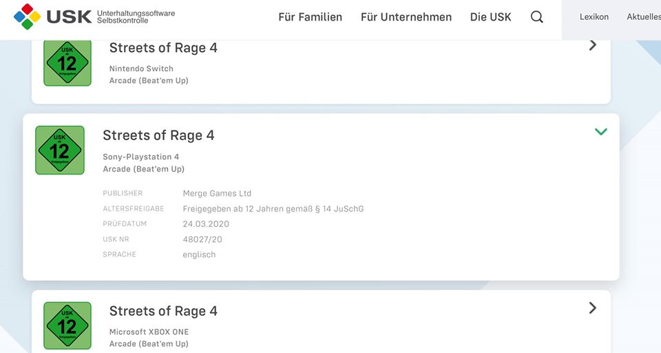 SoR4 retail version rated in Europe, published by Merge Games