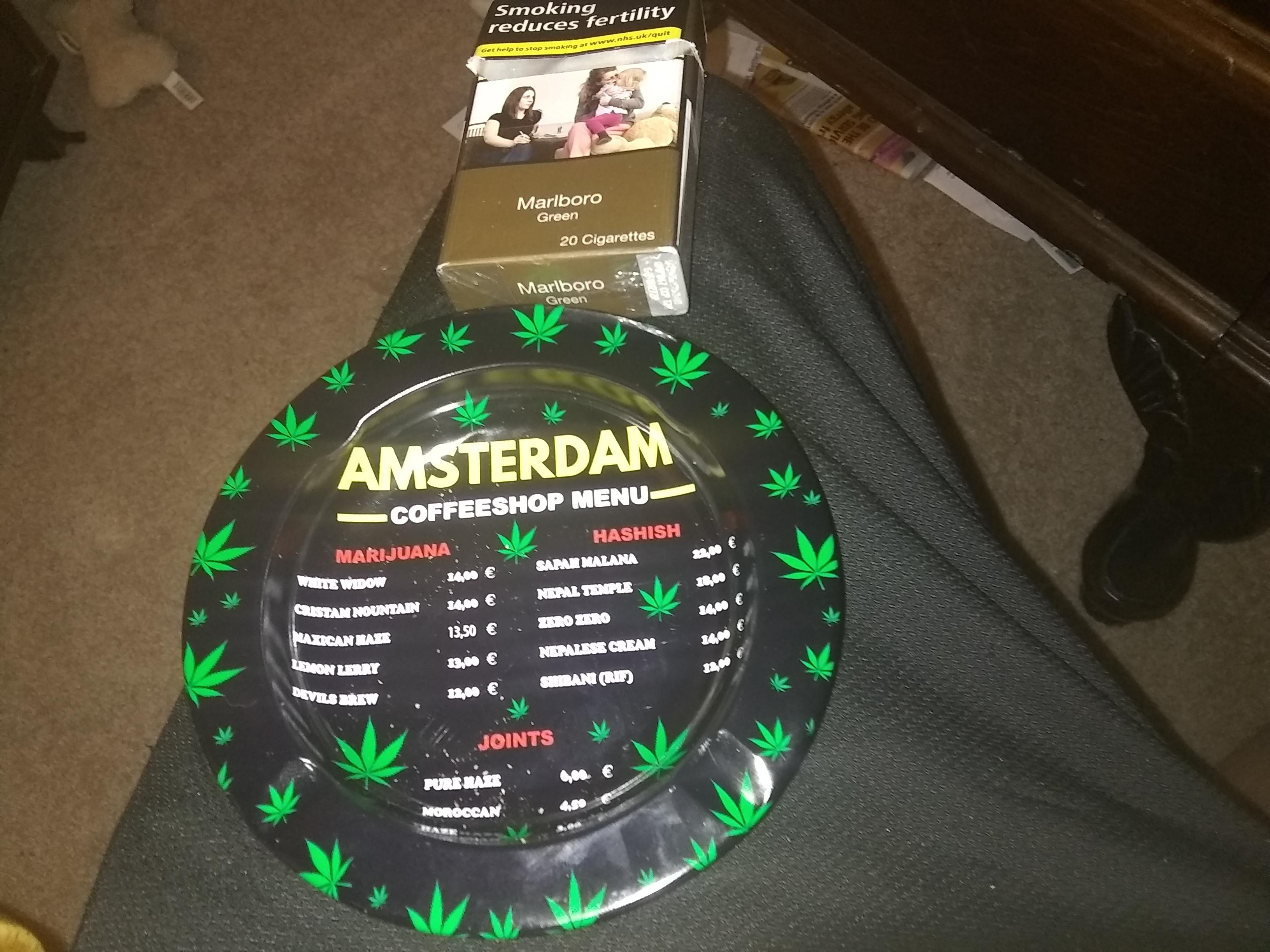 This ashtray my sister got from Amsterdam and this empty cigarette pack