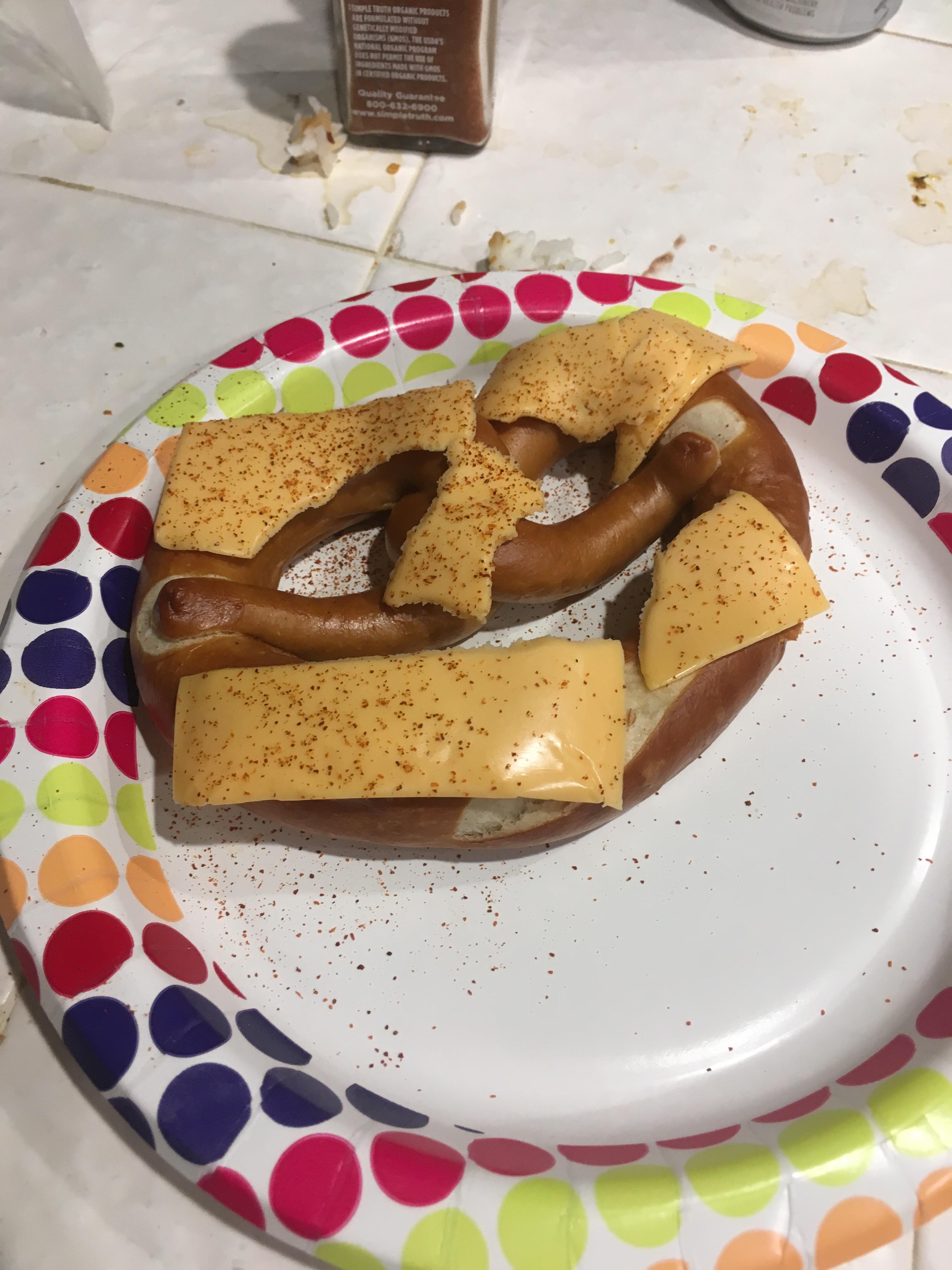 [Sideways] Microwave Pretzel with Unmelted American Cheese and Cayenne