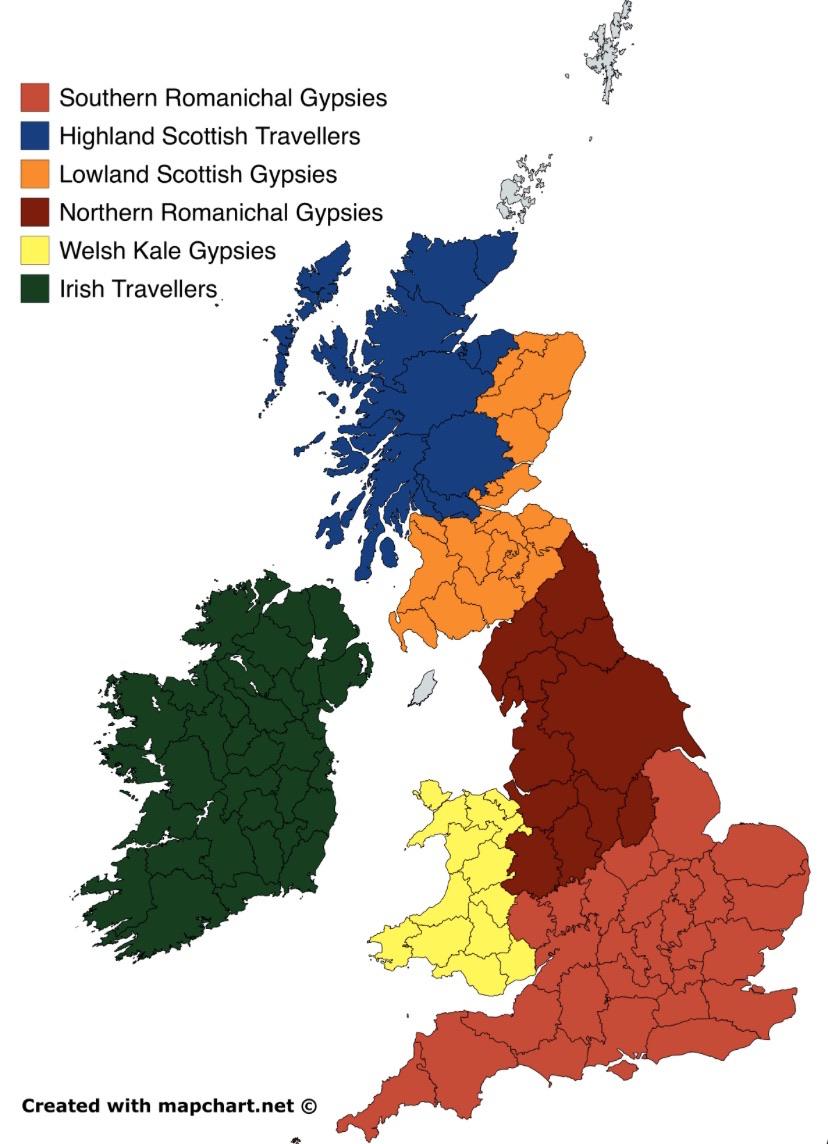 Map of Gypsy and Traveller groups in Great Britain and Ireland. r