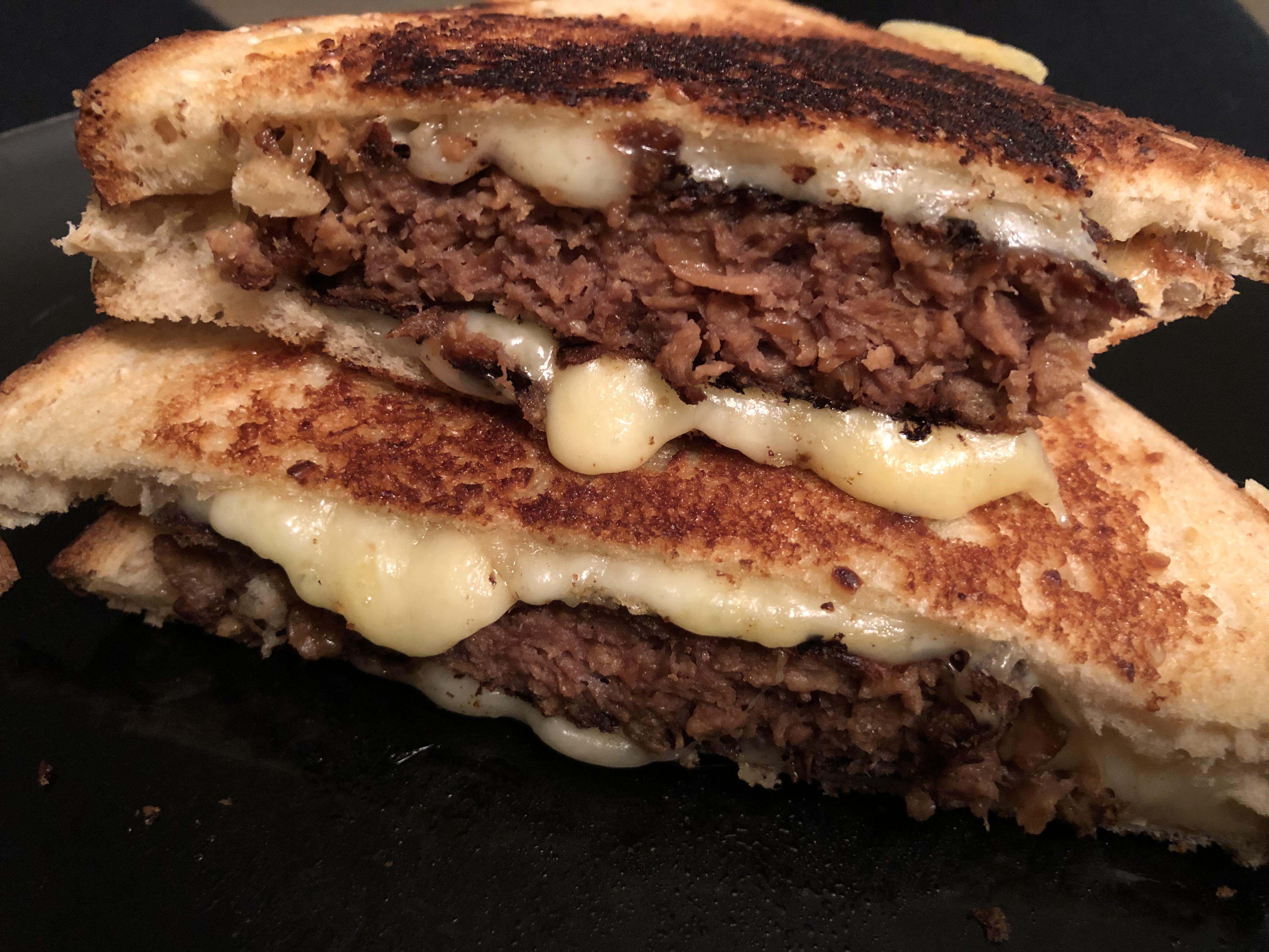 Pan fried beyond burger turned grilled cheese r/shittyfoodporn