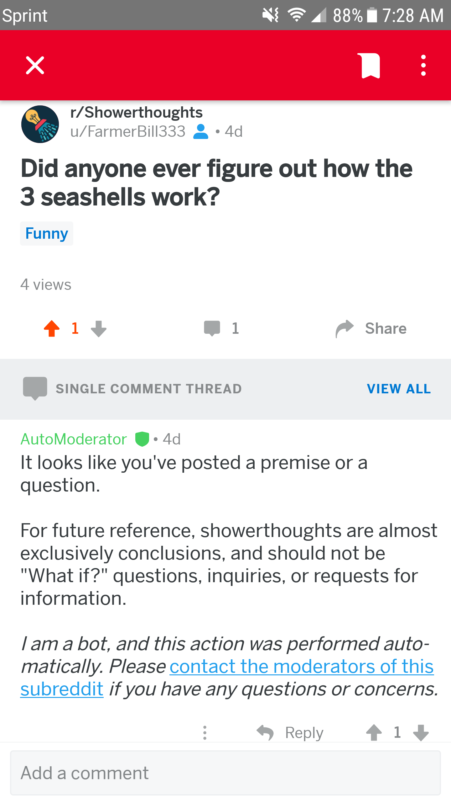 Reddit doesn't allow you to think of questions in the shower. r