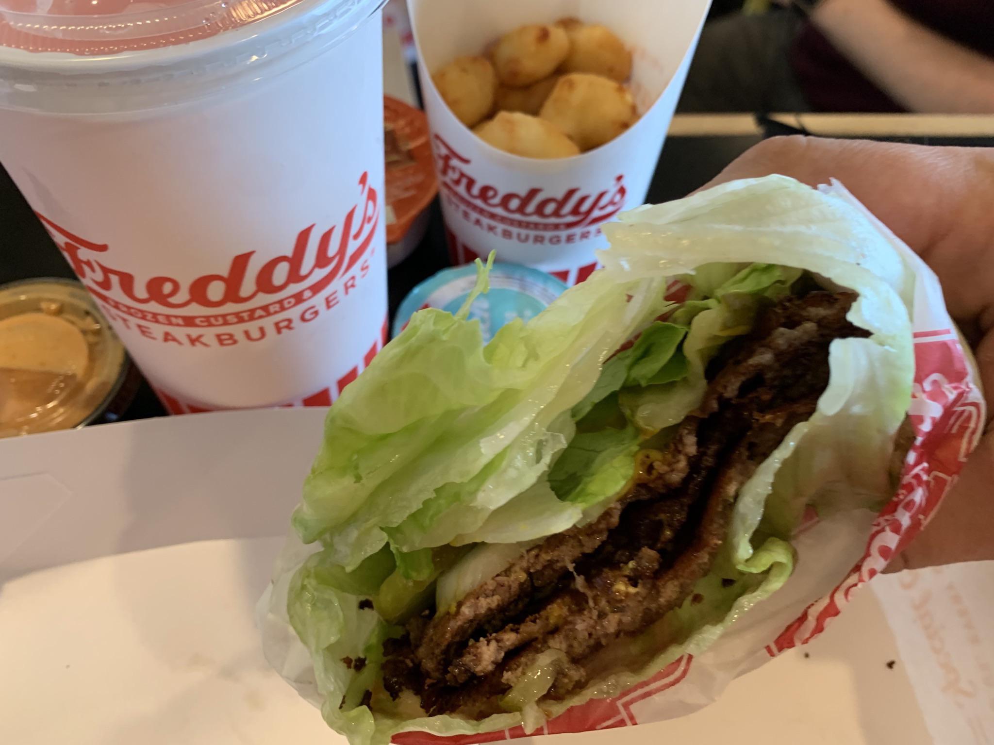 Tried the triple burger lettuce wrap from Freddy’s today. Pretty good