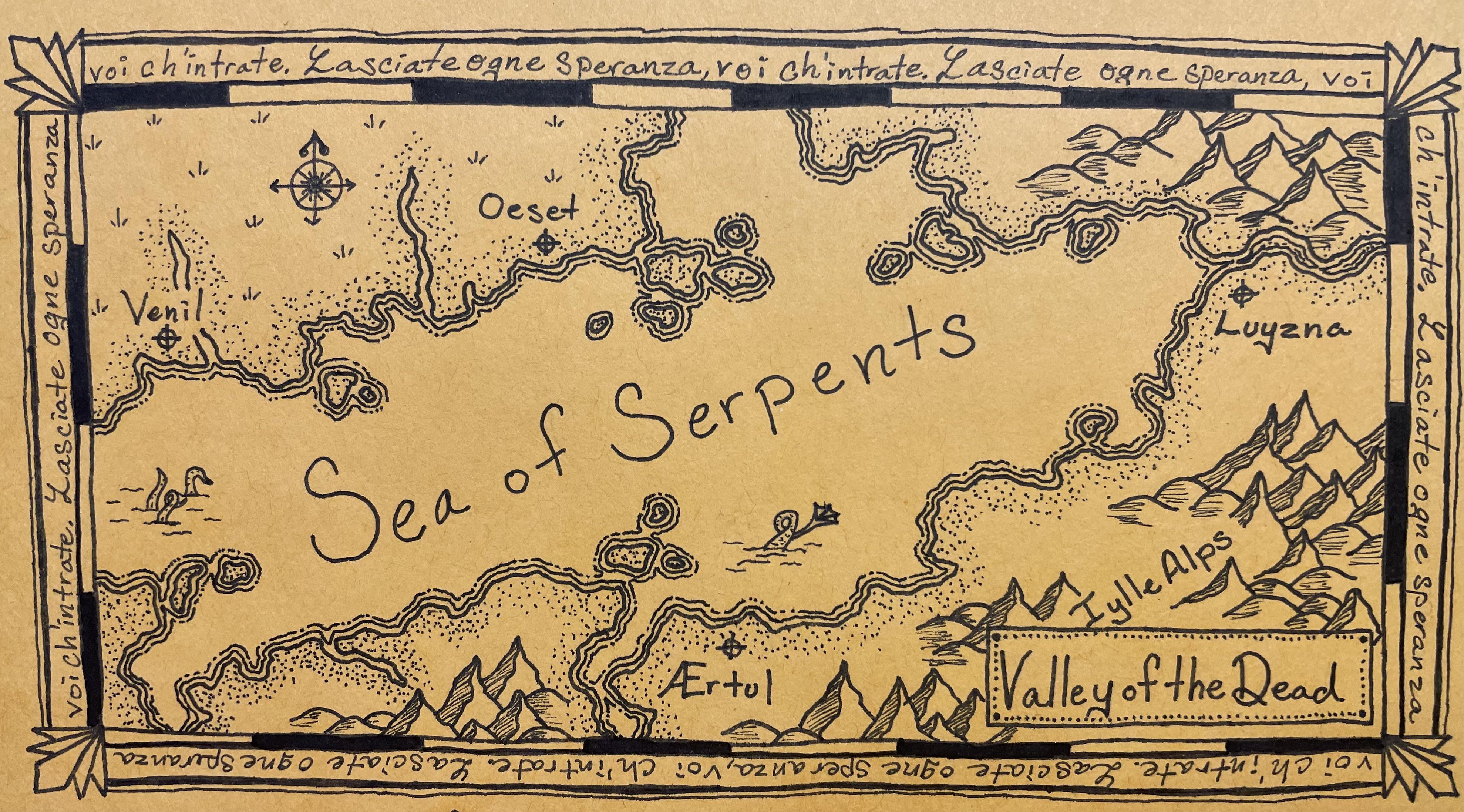 Hand drawn map with another variation of a corner and border style I’m