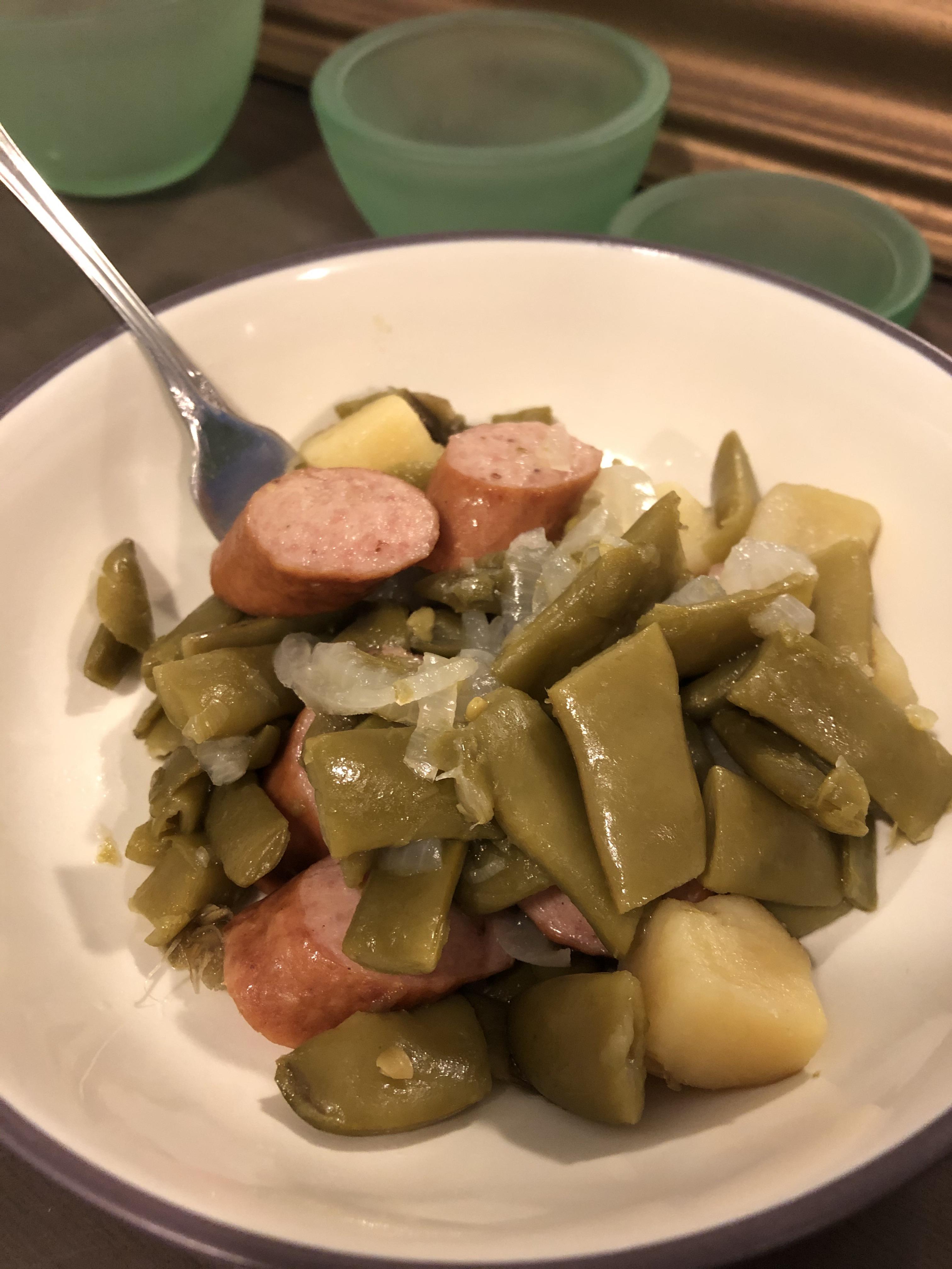 Sausage and green beans (aka Hoosier Stew) for dinner 292 calories