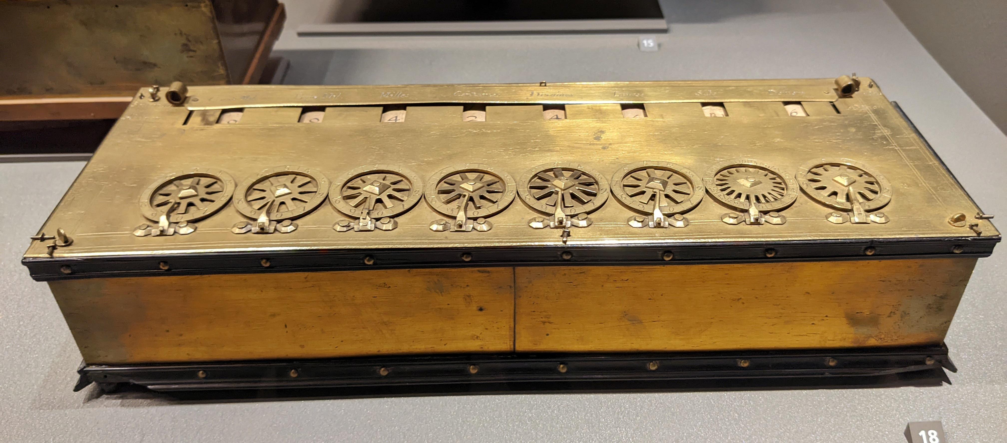 Blaise Pascal's calculating machine, Paris, 1642. First calculating