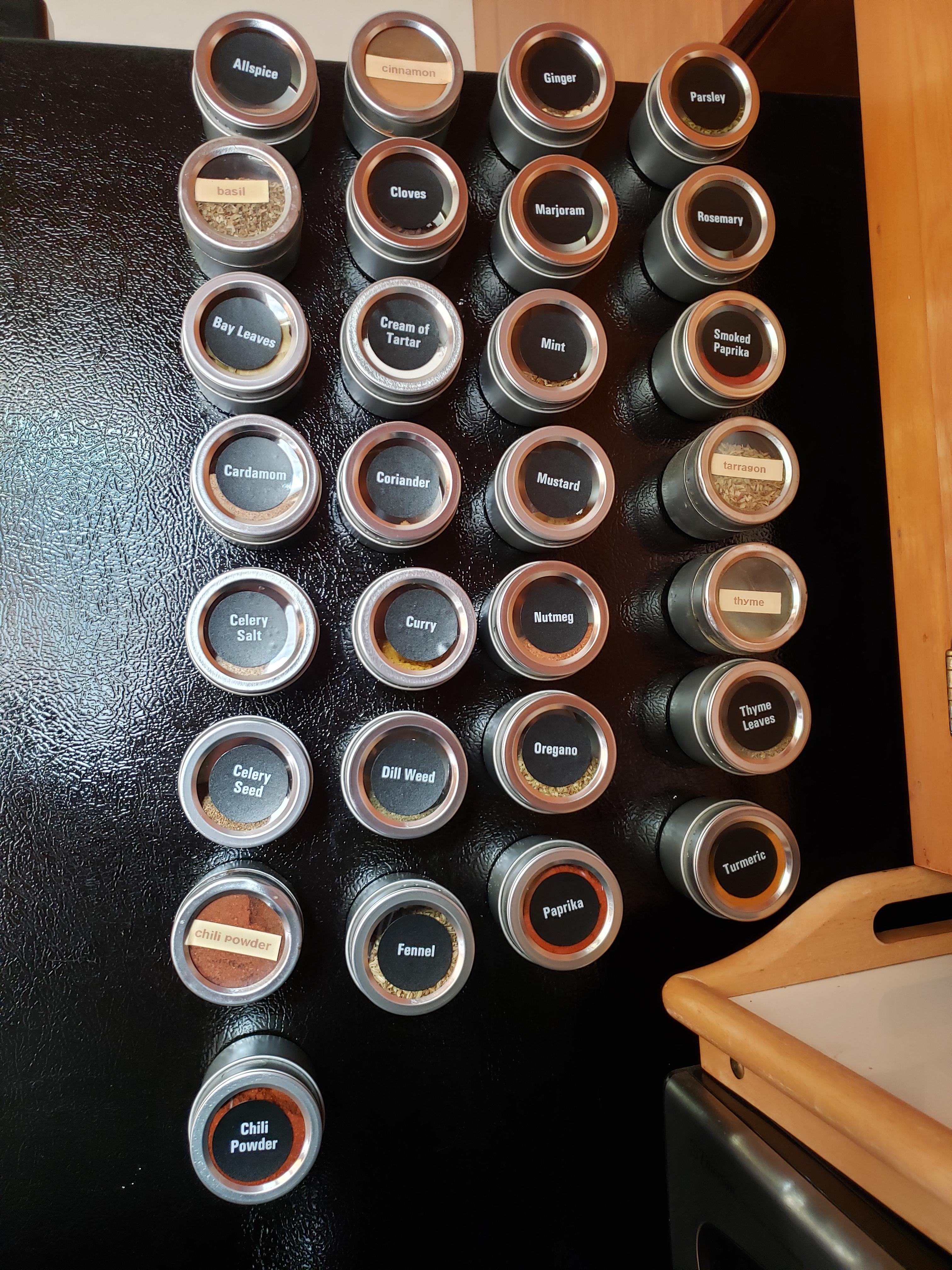 spice jars on the fridge! Freed up some space! r