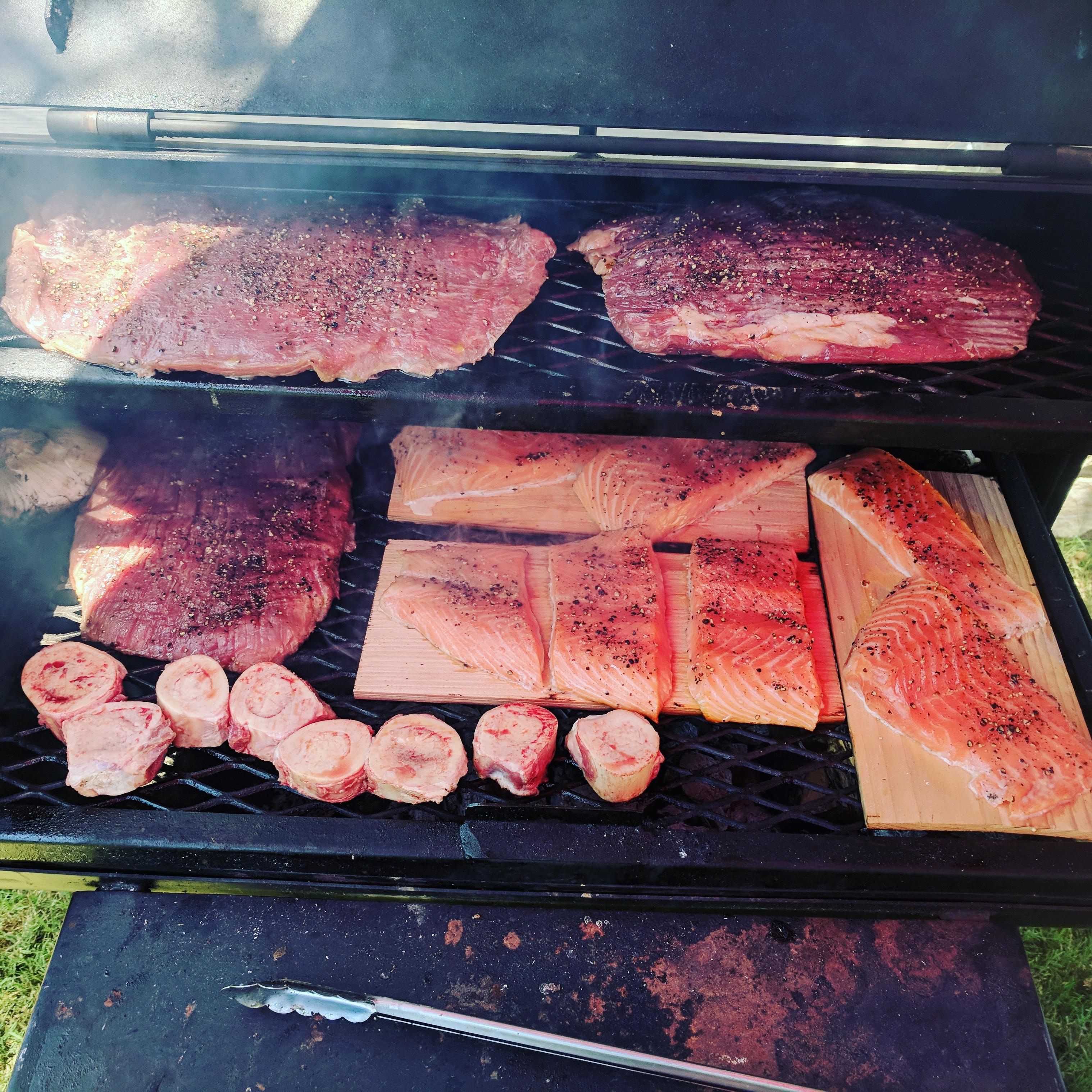 Steak Flanks, Salmon on Cedar planks, and some Bone Marrow! r/grilling