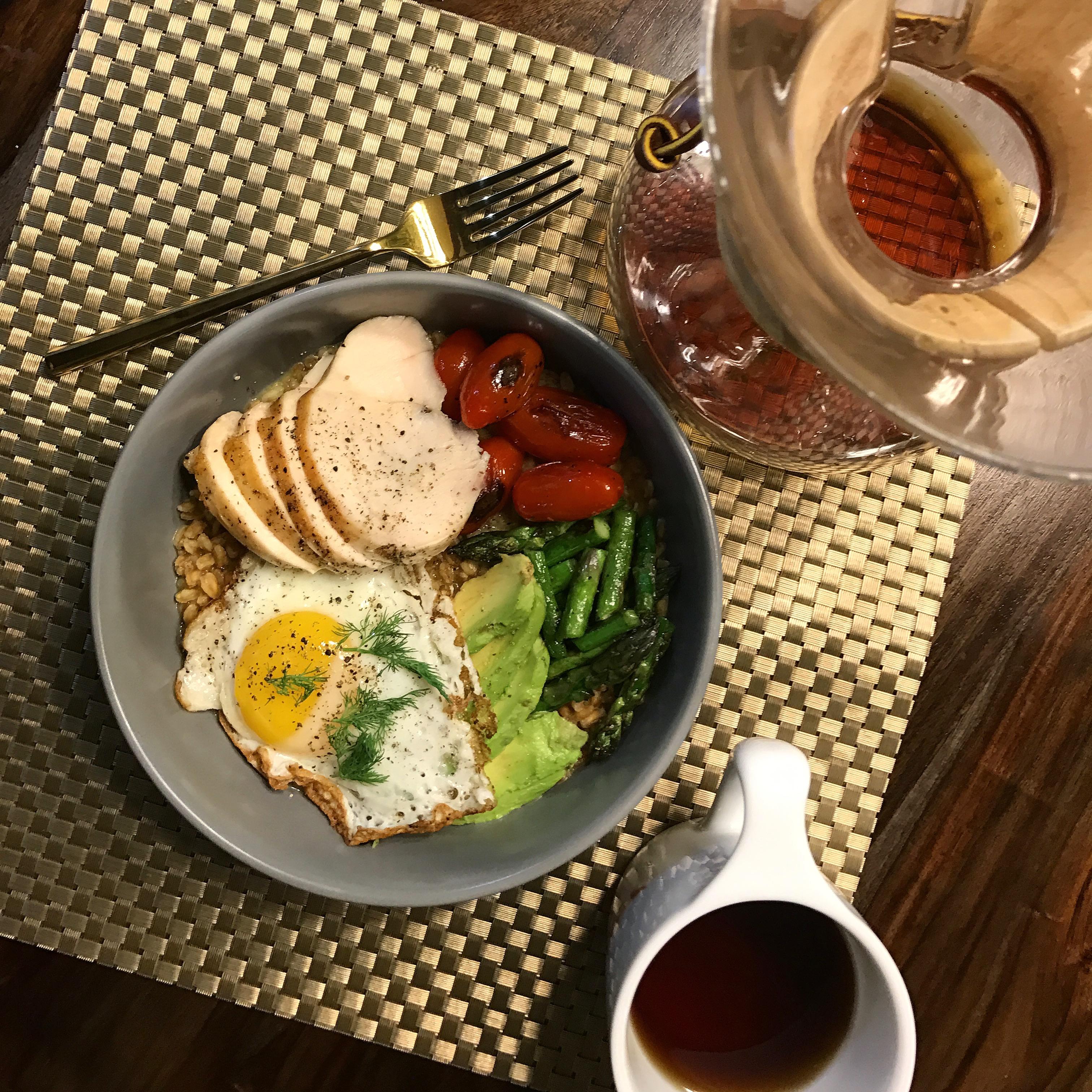 Farro Bowl w/ Chicken, Avocado, Blistered Tomato, Asparagus, and Duck