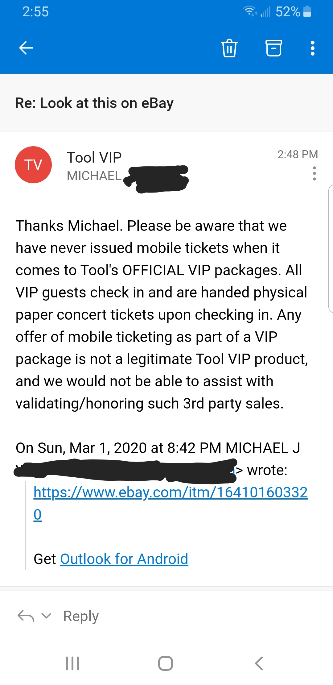Still trying to get TOOL VIP services to get the FAKE EBAY listing