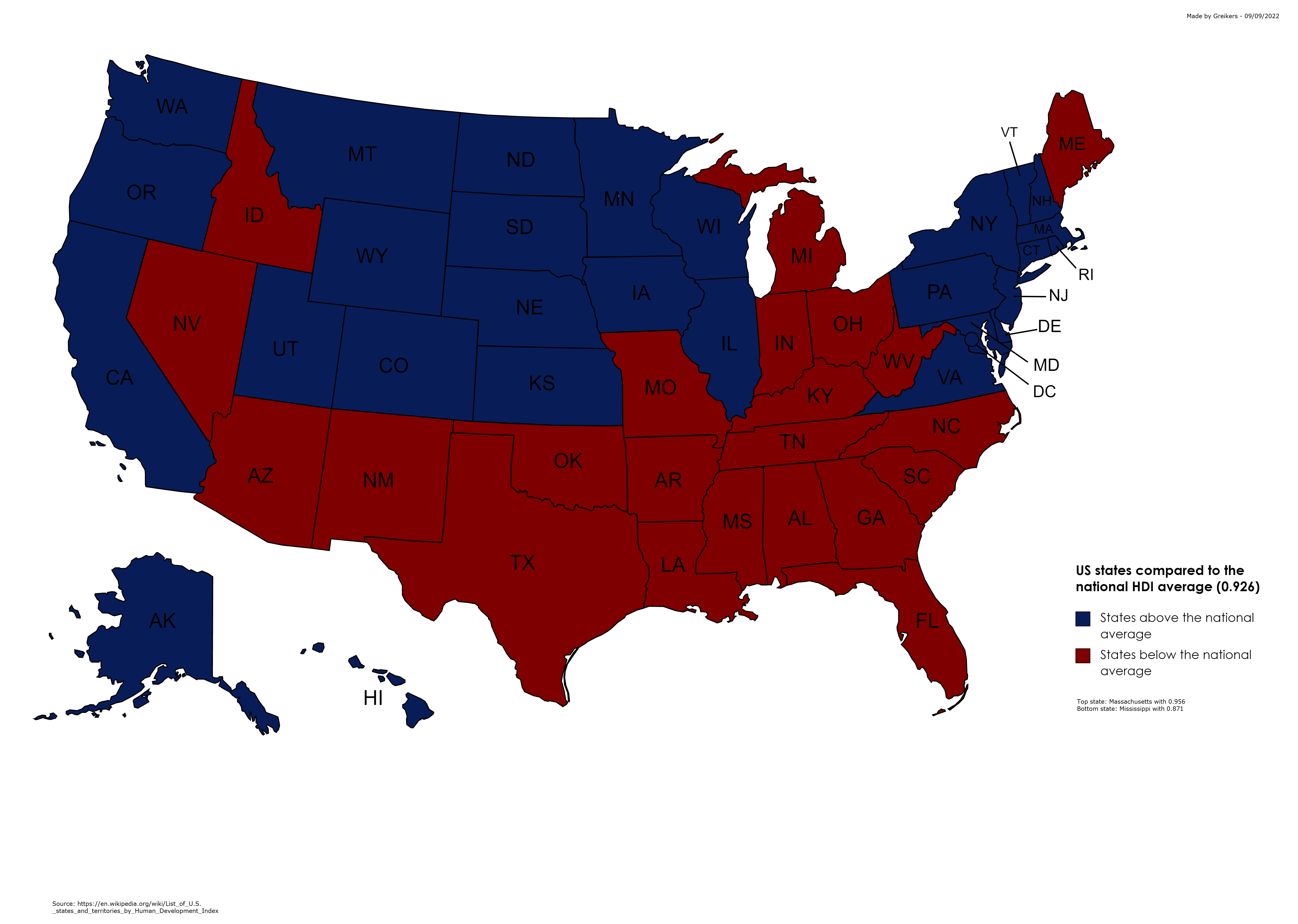 US states compared to national HDI average. Made by me. Source in the
