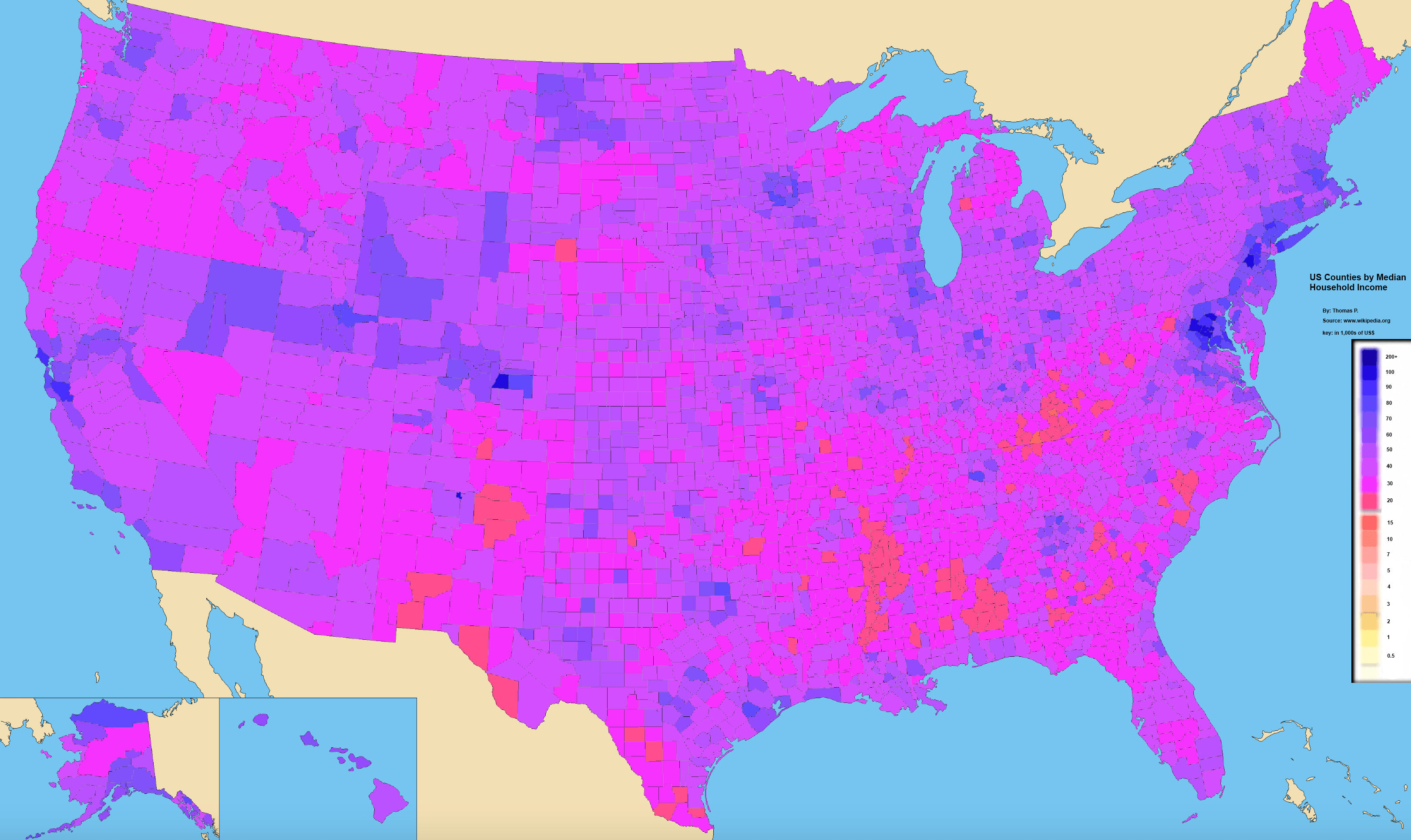 US Counties by Median Household r/MapPorn