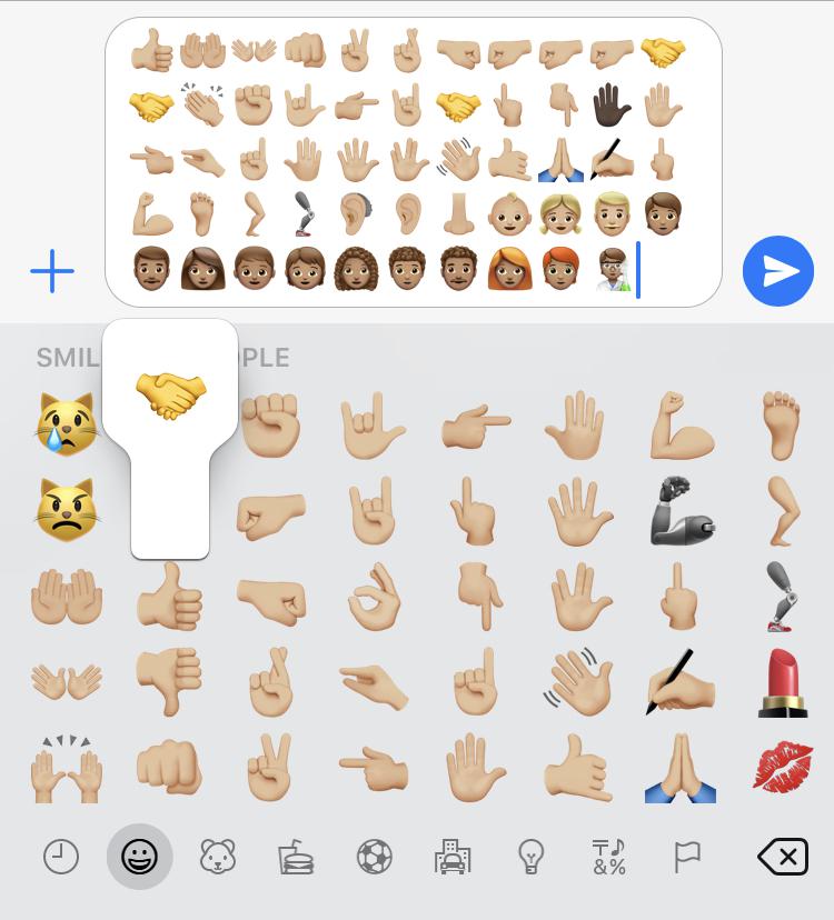 In iOS, the handshake emoji is the only skinbased emoji where you can