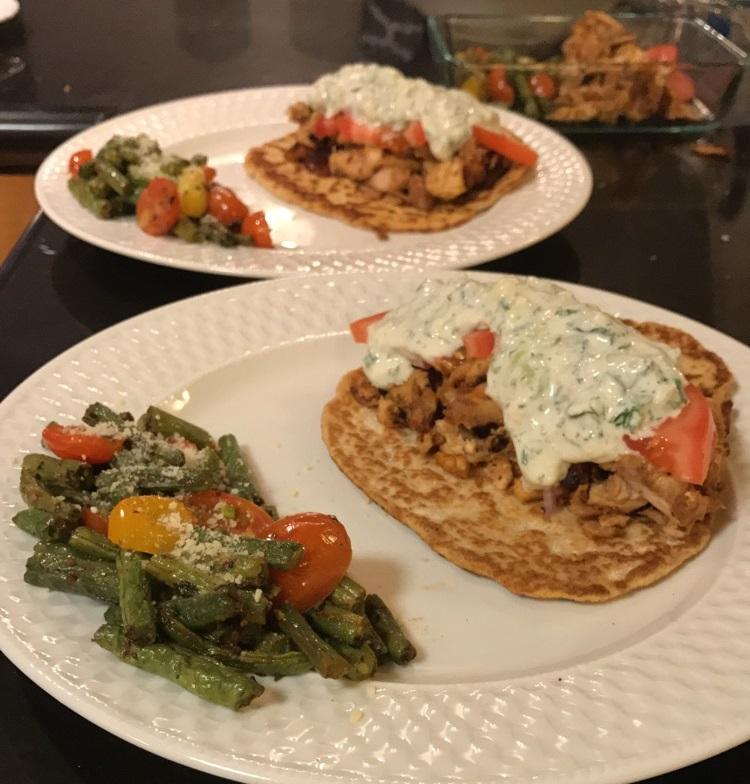 Keto Gyro, Coconut pita bread, home made tzatziki and some greens r