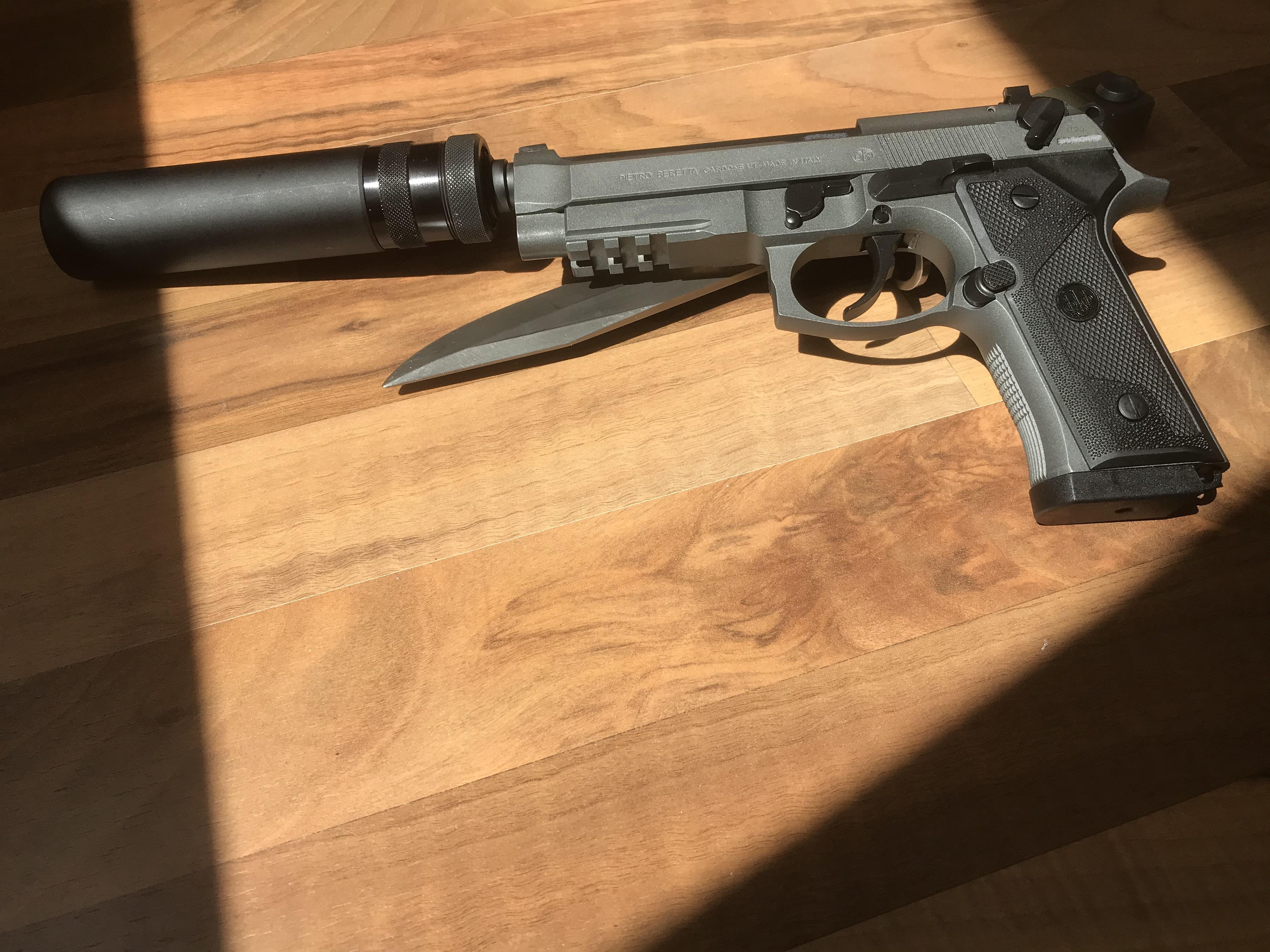 Beretta M9A3 made in Italy with B&T shorter silencer. Knife is a Swiss