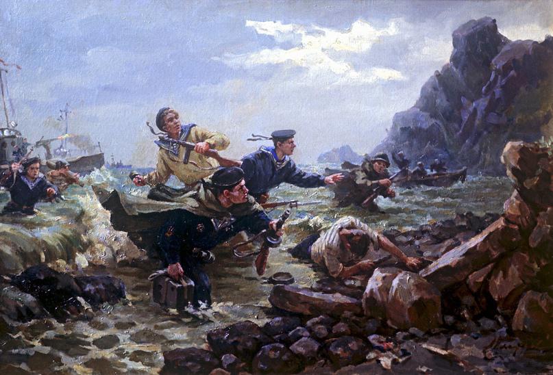 "Landing in the Kuril Islands" in 1945, painting by Russian artist A.I