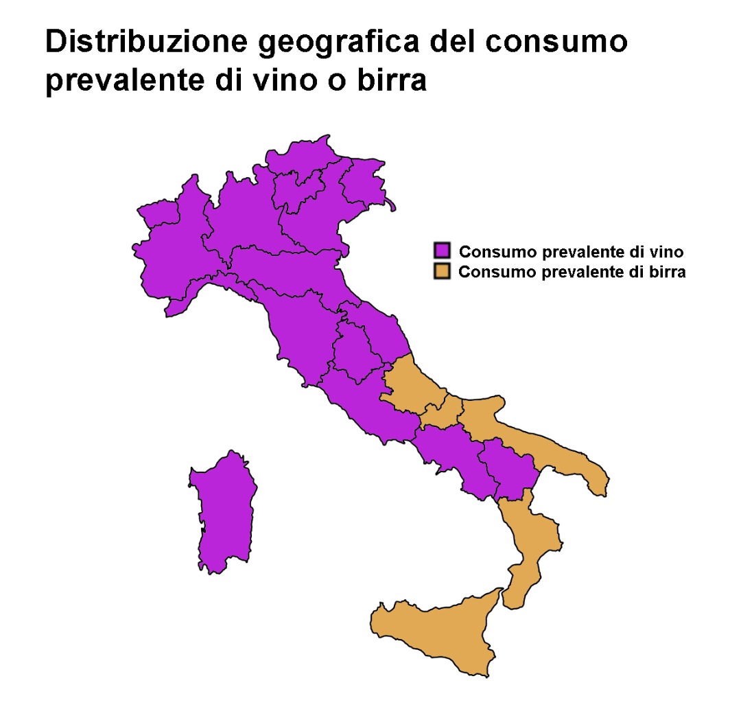 Prevalence of wine or beer consumption in the Italian regions (source
