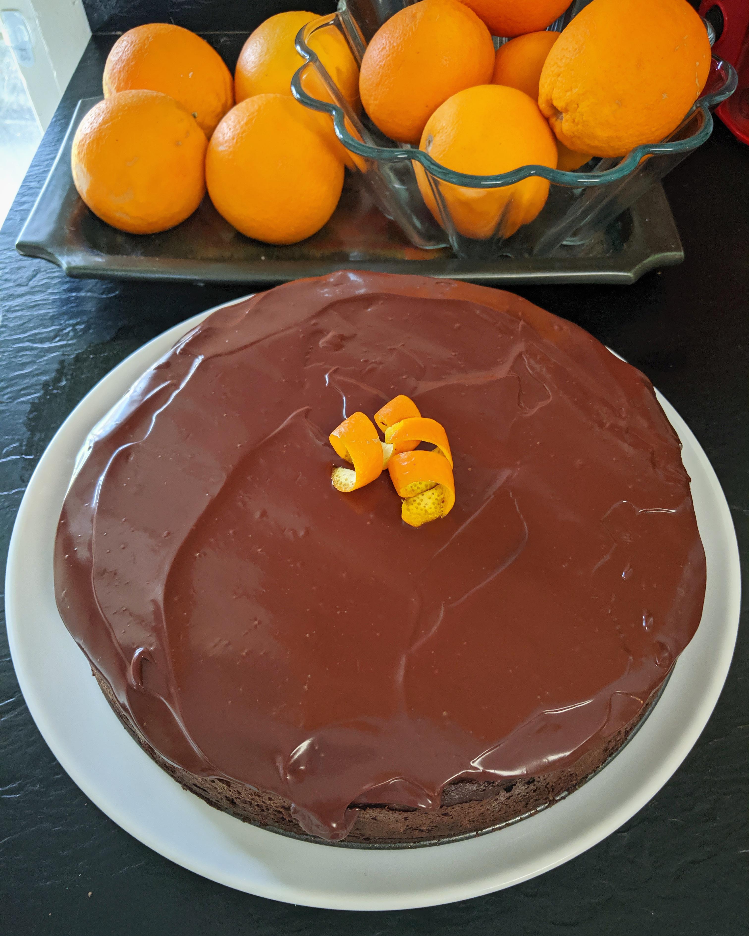 Orange chocolate cake with dark chocolate ganache. The cake was made