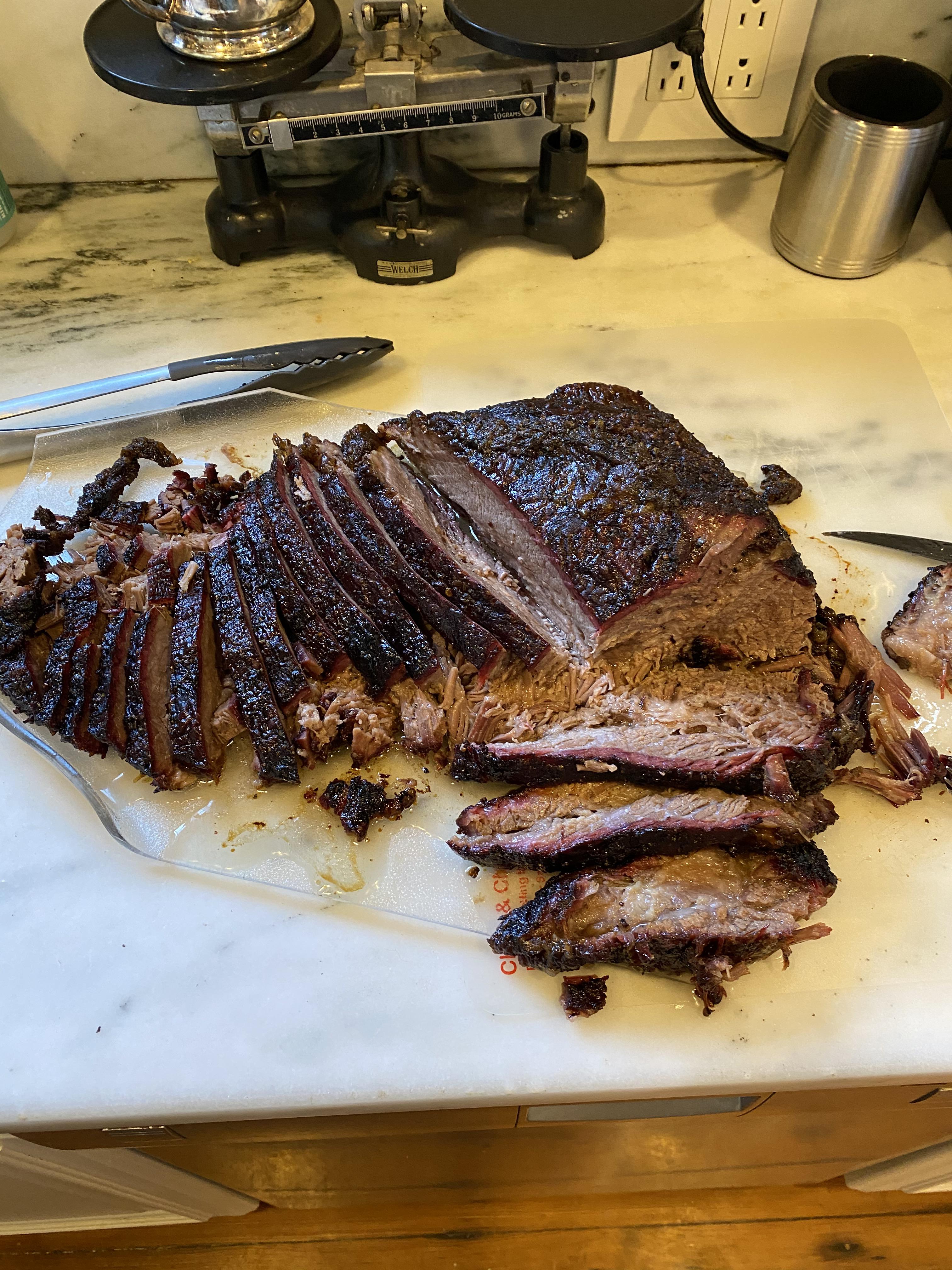 10.5 pound brisket, 14.25 hours at 220 with cherry pellets. Fat side