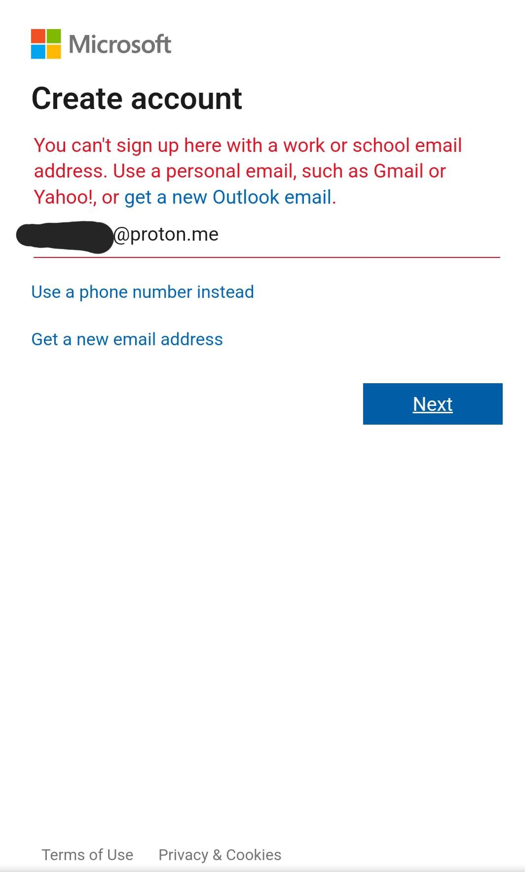 Creating a new Microsoft account with a proton.me address doesn't seem