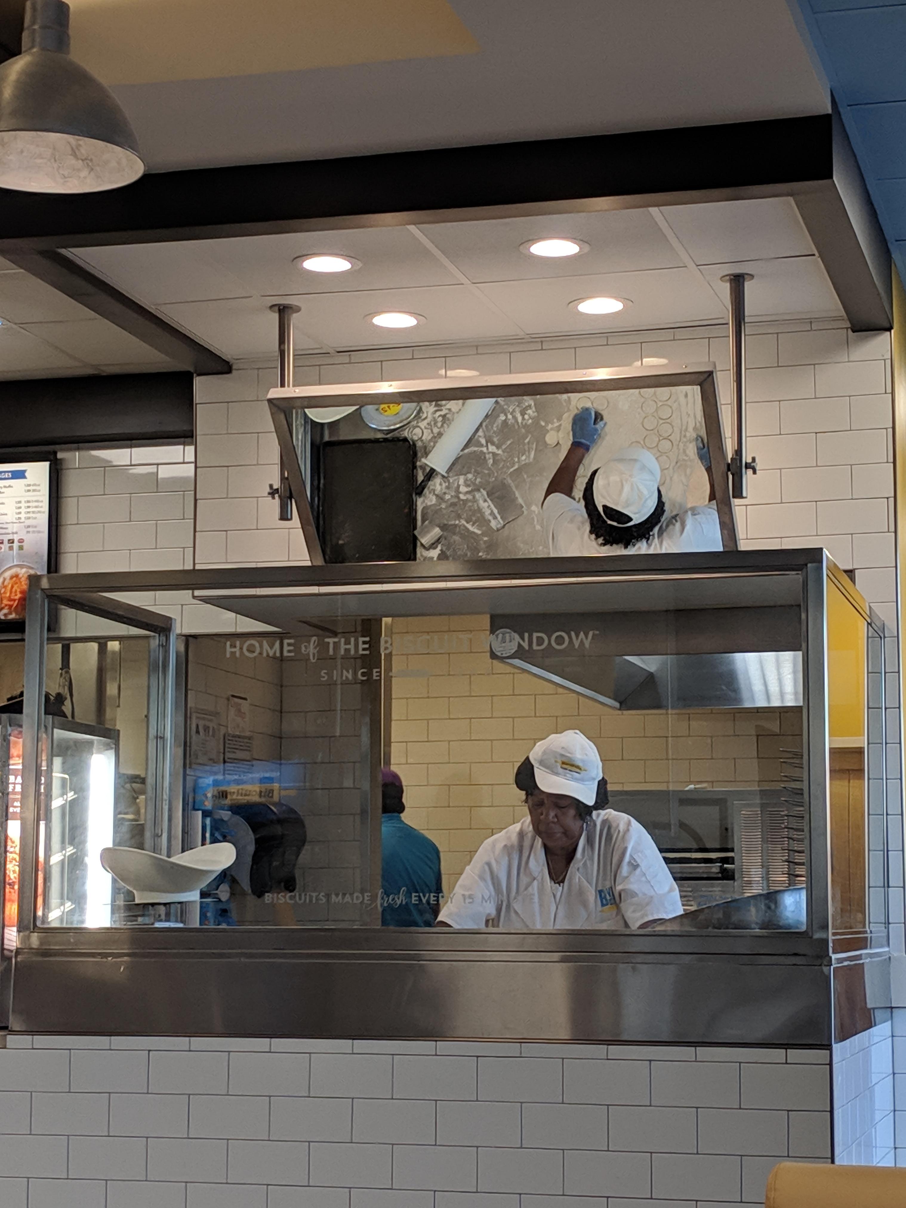 This restaurant has a mirror so you can watch the biscuit maker make