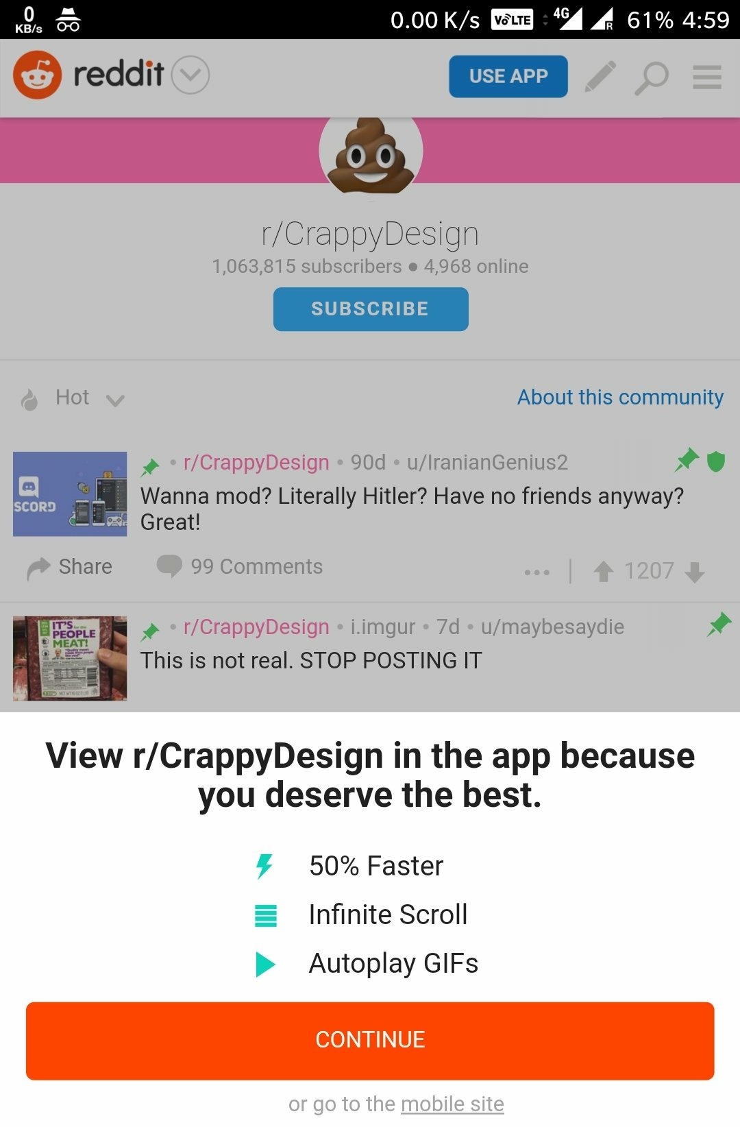 clicking on continue takes u to play store/app store to download the