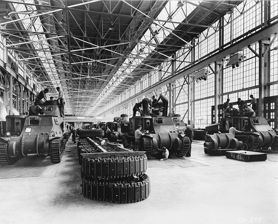 Factory workers assemble M3 tanks at the Detroit Arsenal Tank Plant