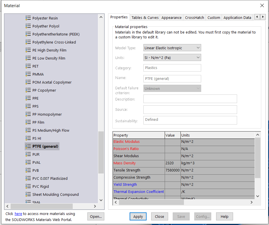 How do I edit the material values for PTFE? If I can't, why does