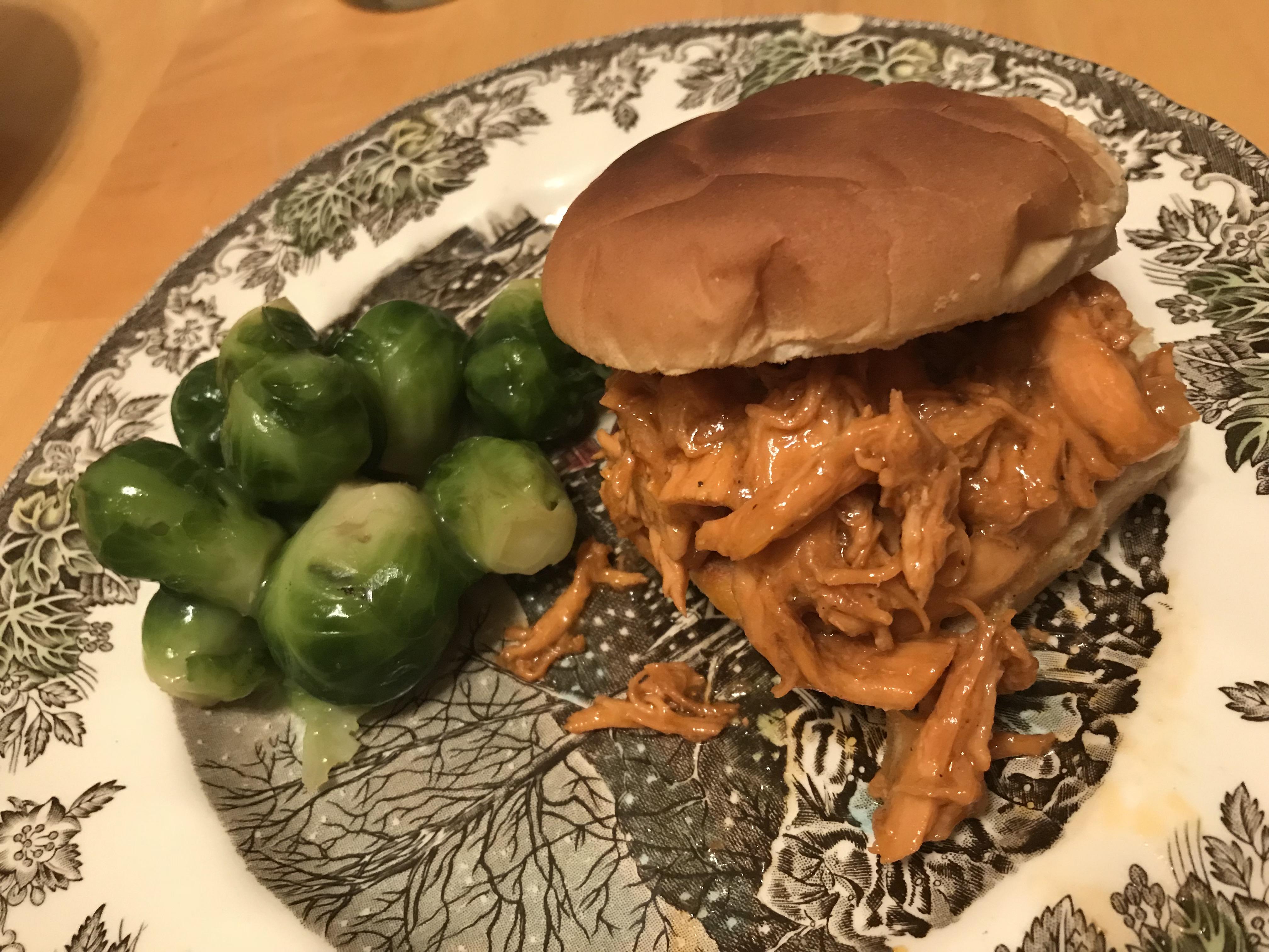 Spicy pulled chicken sandwiches and Brussel sprouts r/tonightsdinner
