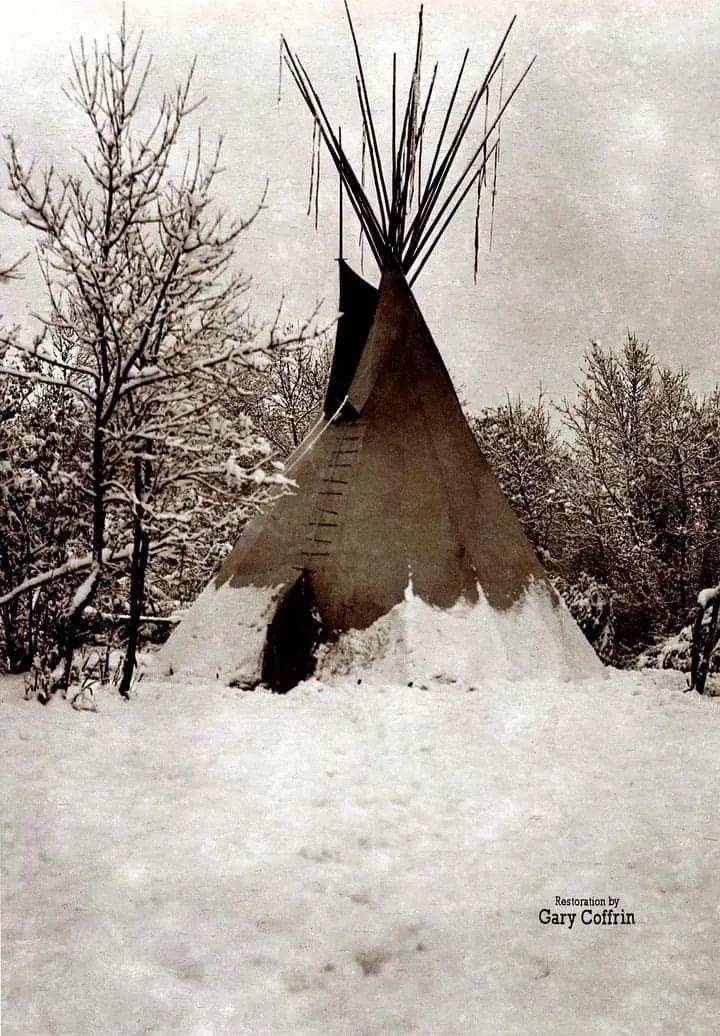 MONTANA WINTER, circa 1908. The solitary Crow tepee had leather thongs that secured the tepee