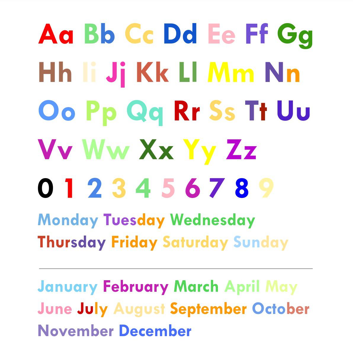 Colors I see in letters, numbers, days & months! There are a few I