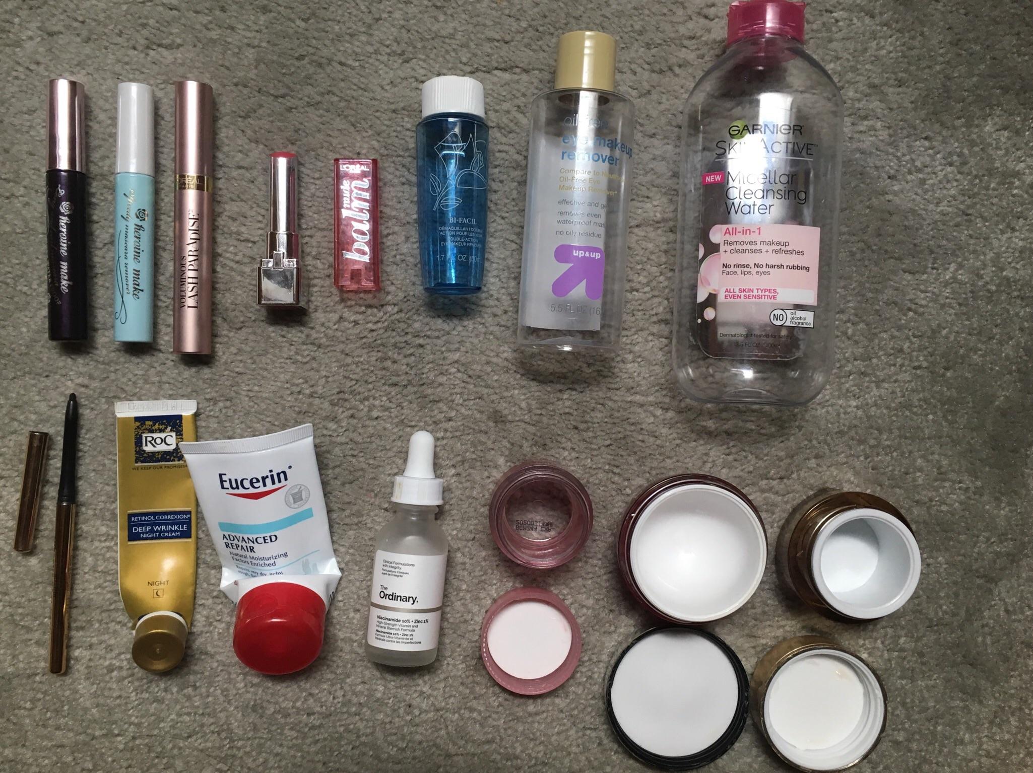 Some empties here, mascara, lip balm, makeup remover, eyeliner, face