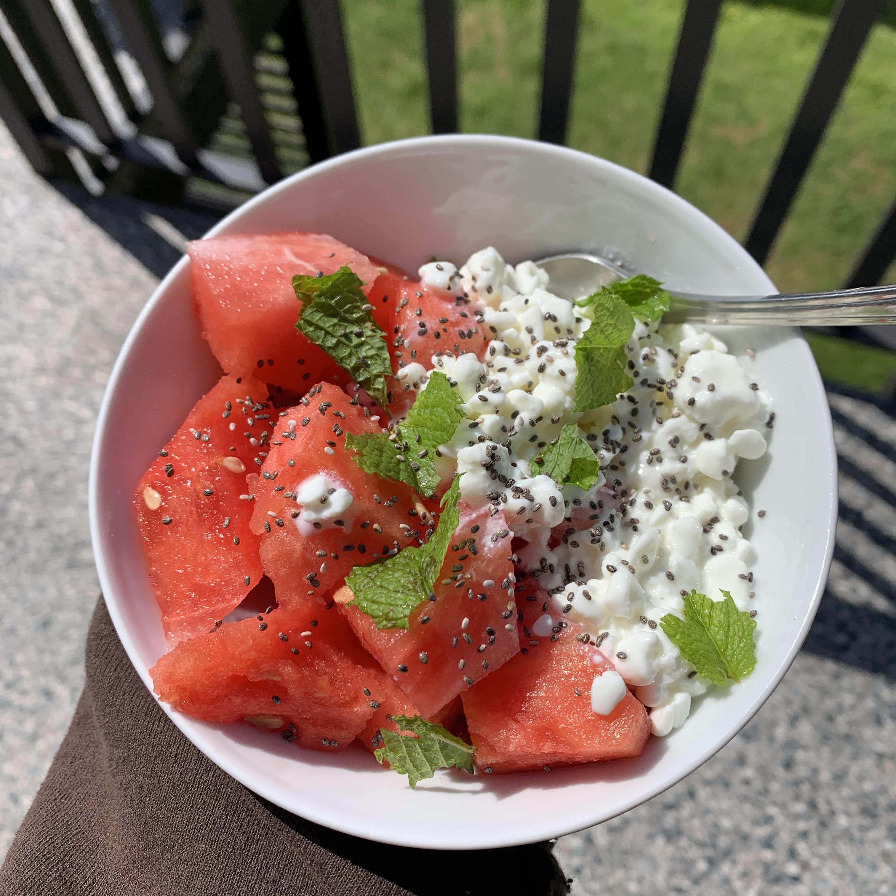 a cup of watermelon, 1/4 cup low fat cottage cheese with some chia