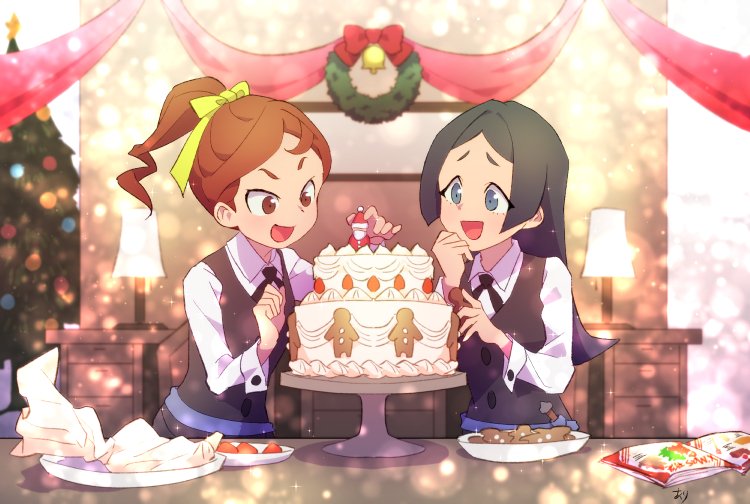 Hannah and Barbara sharing a Christmas cake [Little Witch Academia] wholesomeyuri