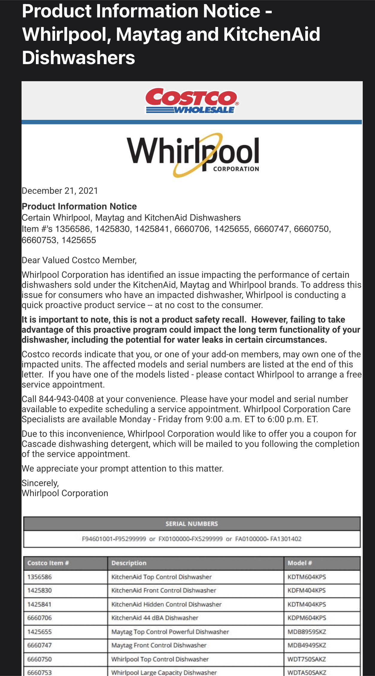 Anyone else get this email from Whirlpool/Costco about their dishwasher? Does anyone know what