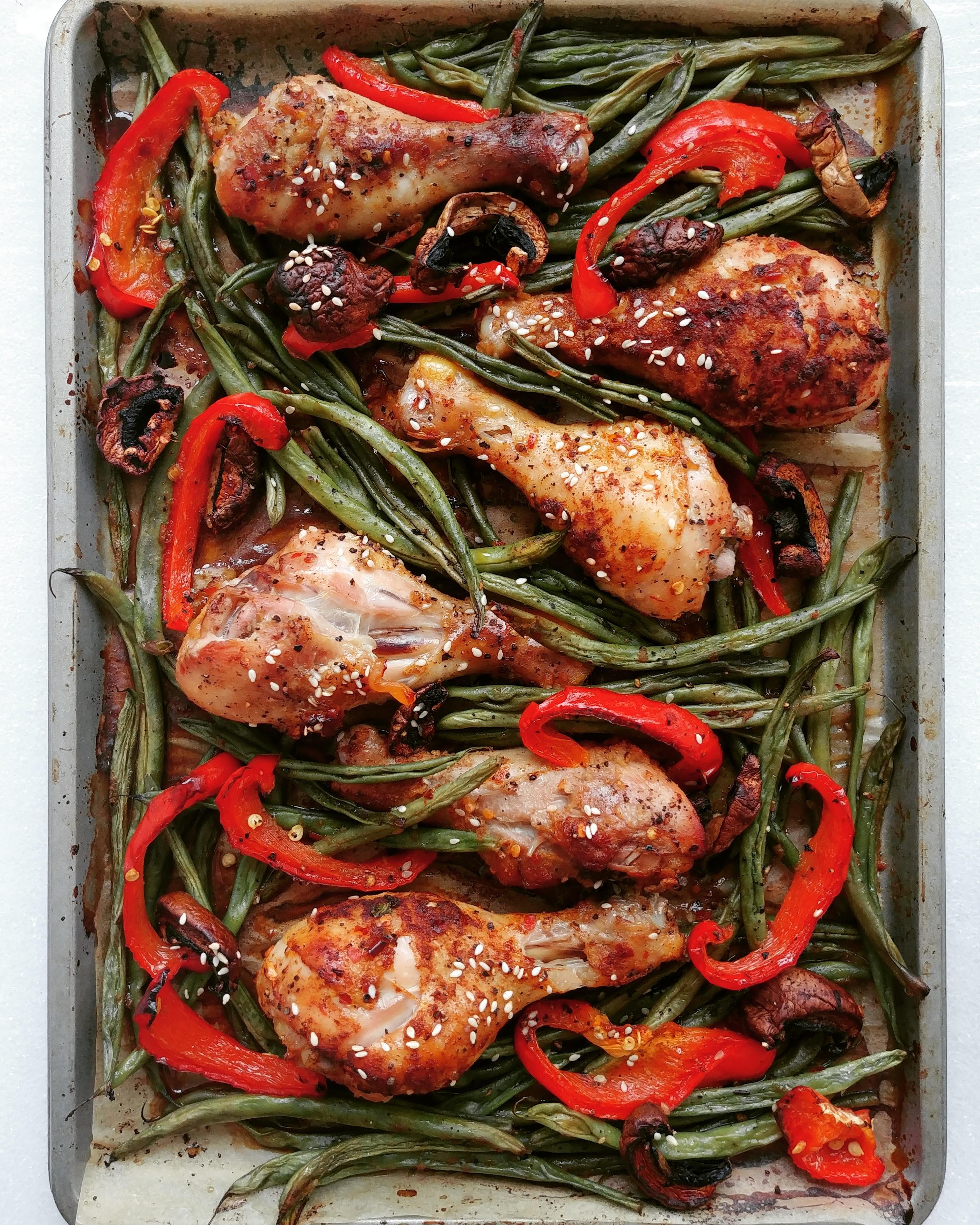 [homemade] roasted chicken legs and vegetables topped with toasted