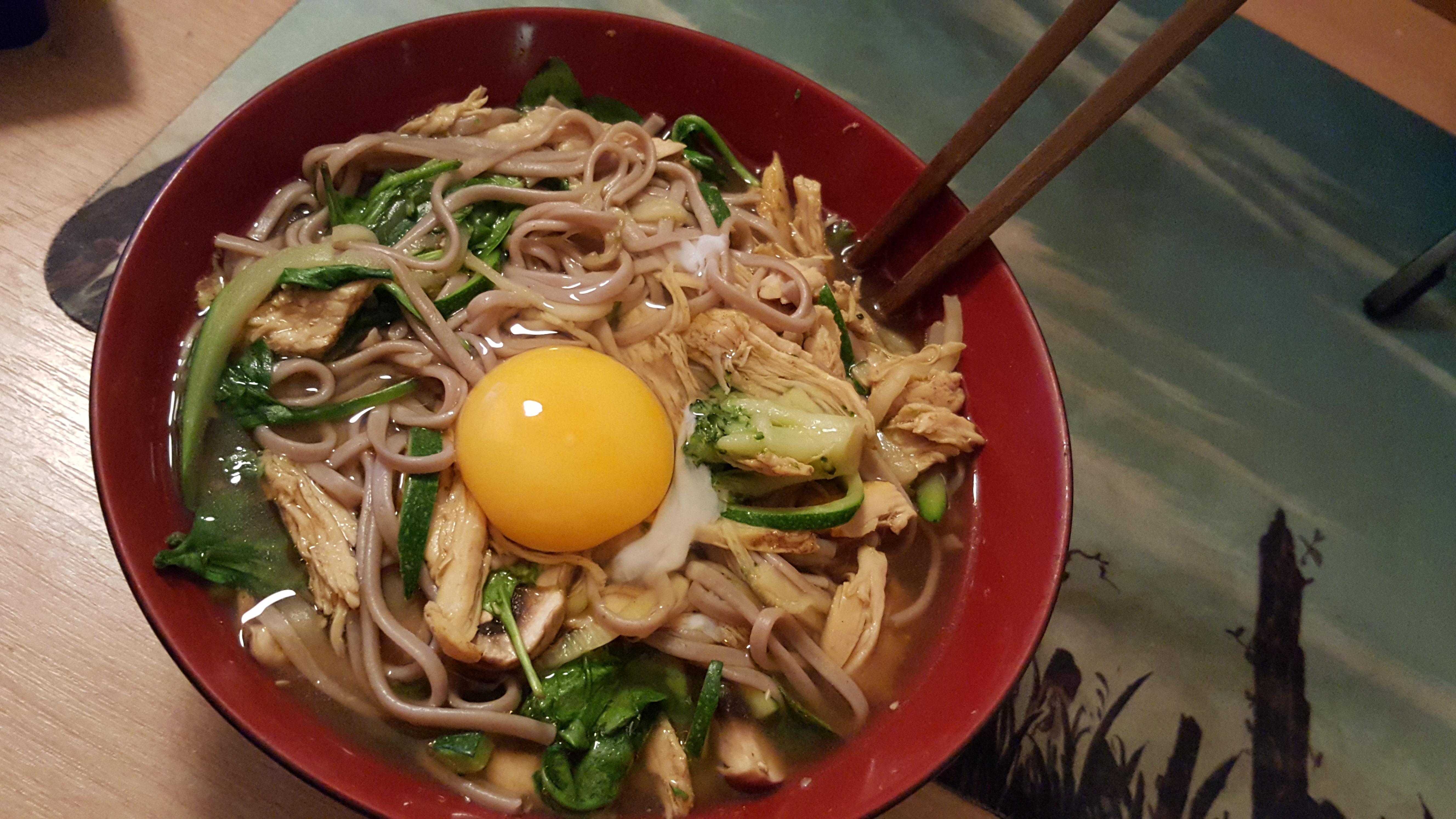 Zoodle and buckwheat sweet potatoe noodle bowl with chicken, brocolis