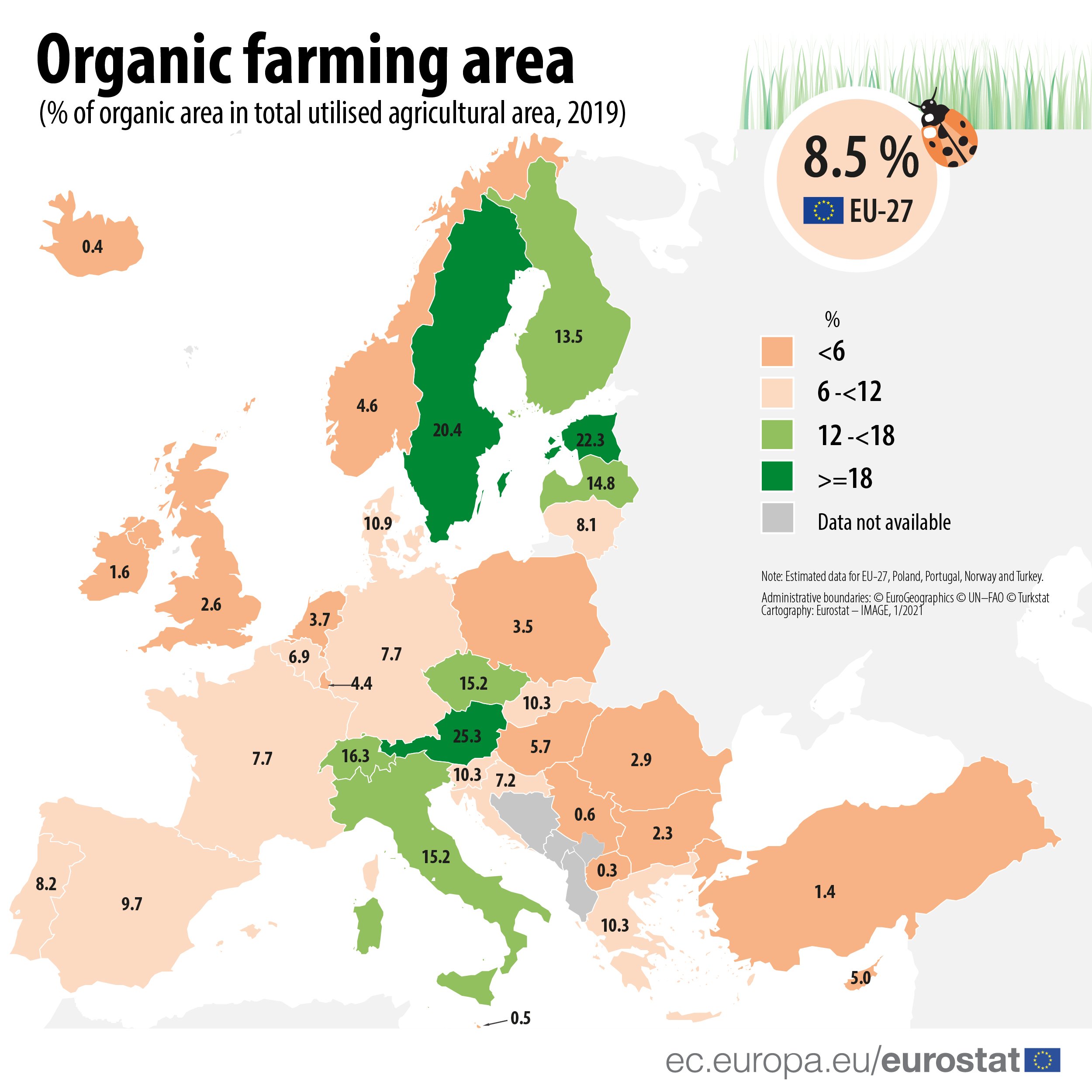 Organic farming area in Europe, 2019 r/MapPorn