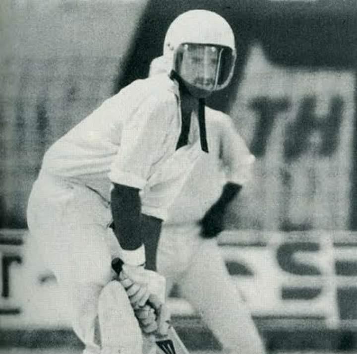 Australia's Graham Yallop wearing the first helmet ever in Test Cricket