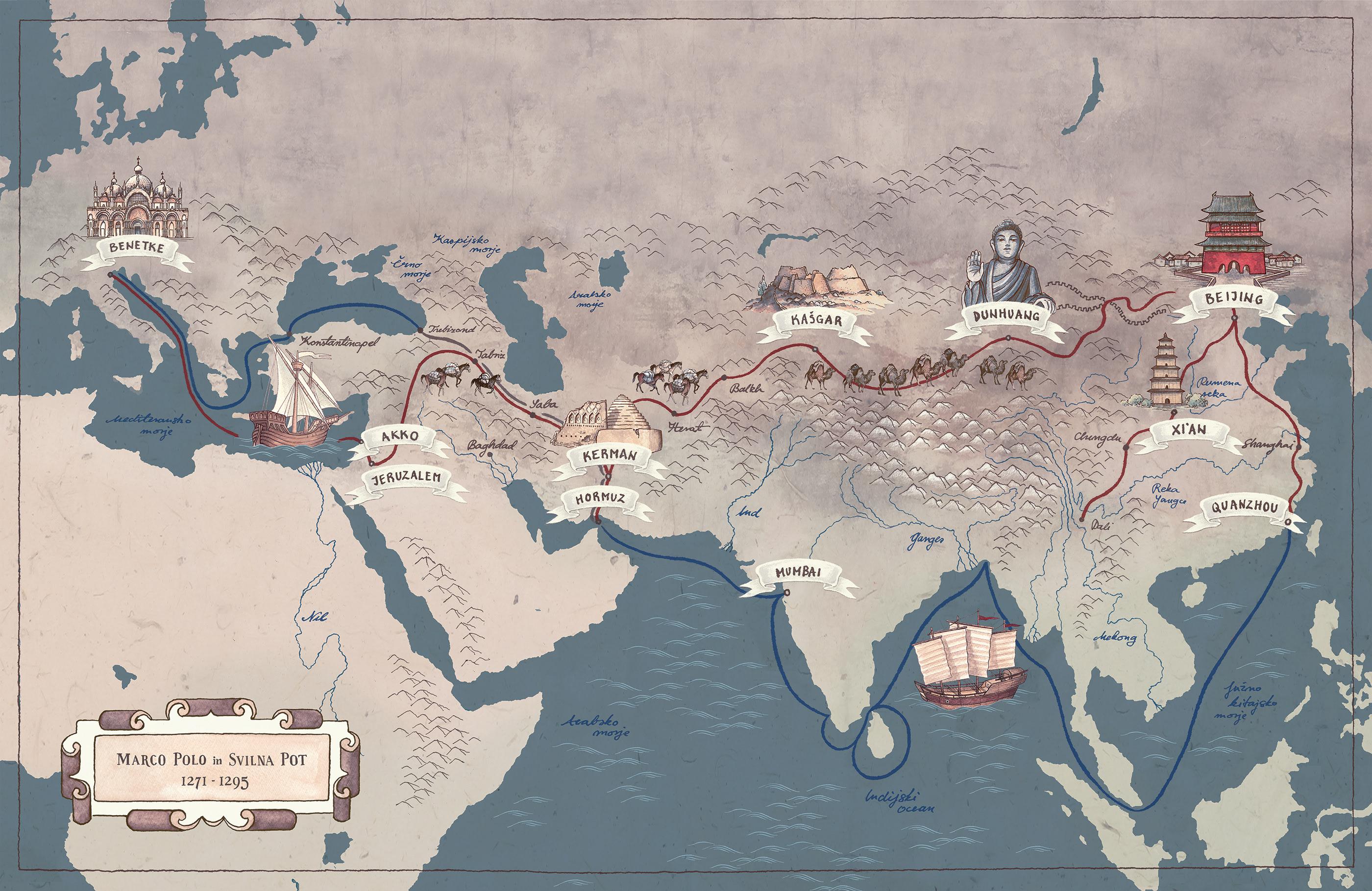 Marco Polo Karten Map of Marco Polo's travels from Venice to Mongolia (1271 1295 AD