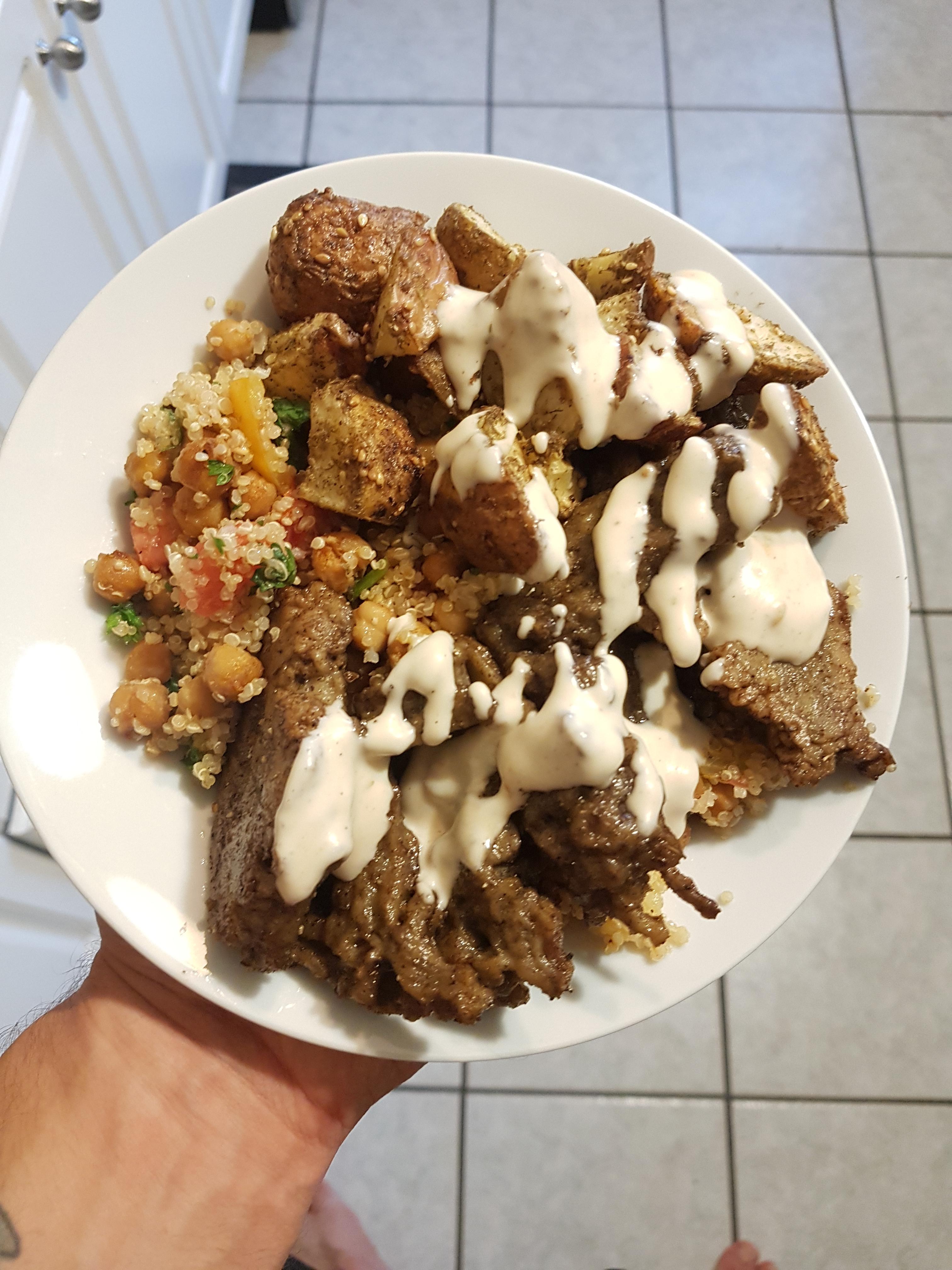 Protein heavy seitan shawarma bowl. Macros CA lot/ Fa little/ PA whole lot/ total calories