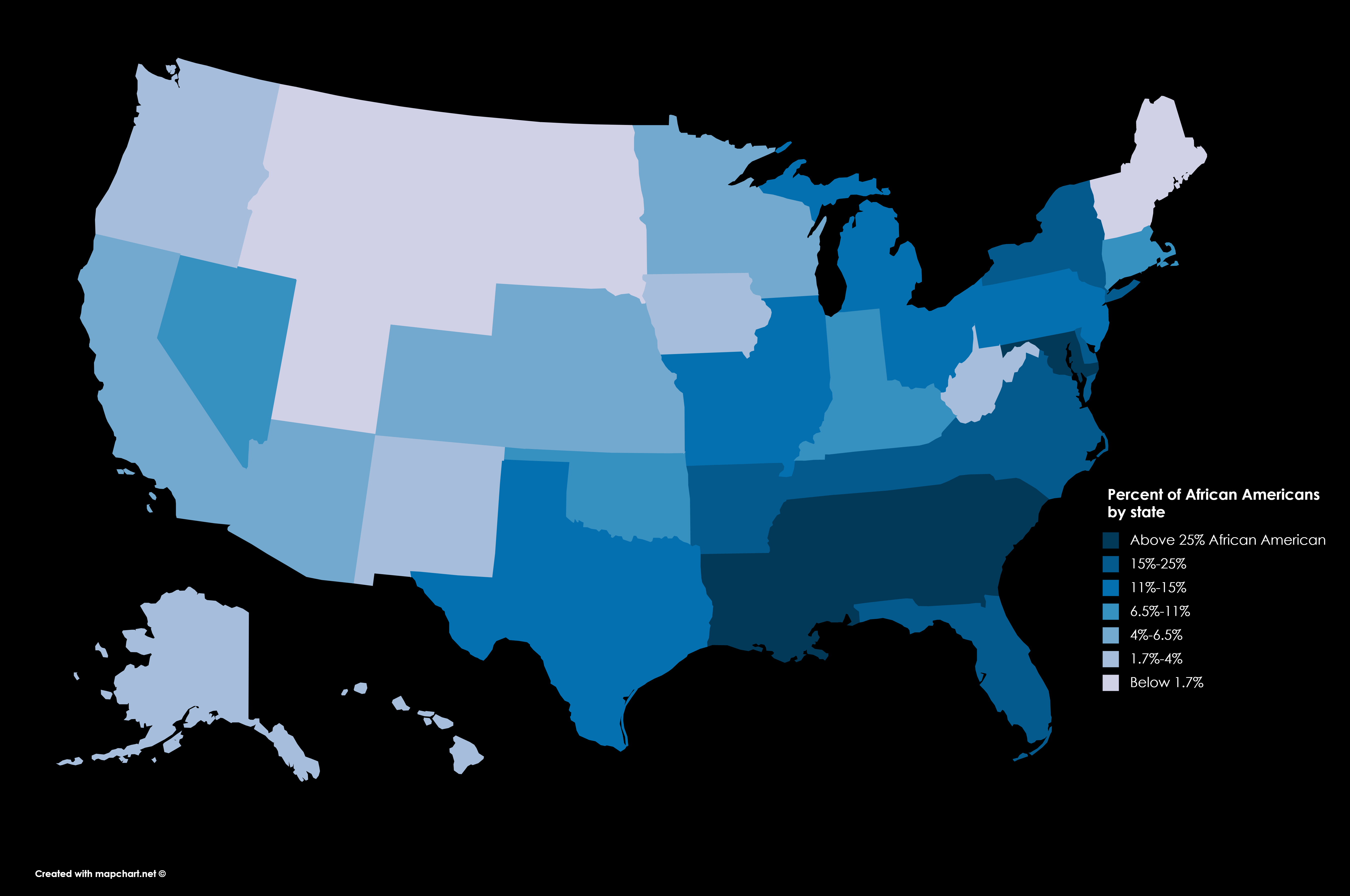 Percent of African Americans by state (Source US Census Bureau) r/MapPorn