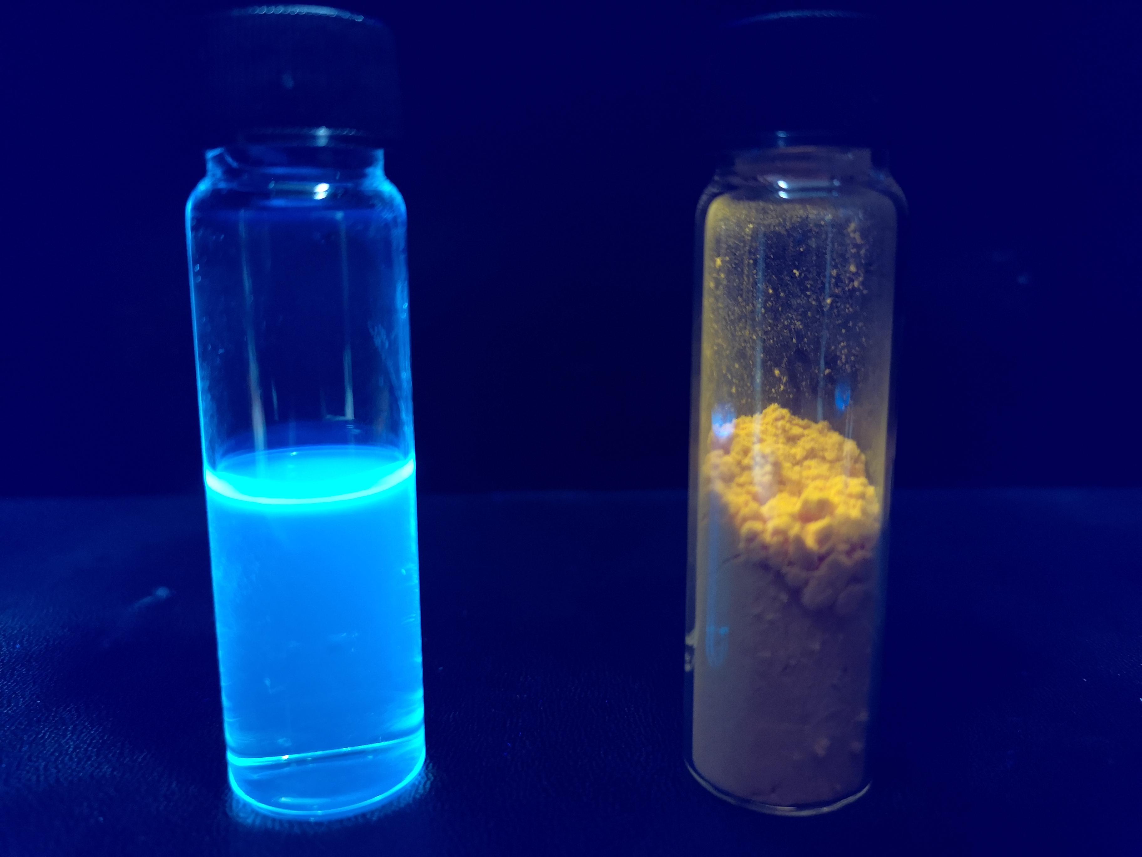 Pyrylium fluorescence under UV both in solution and as a solid. r/chemistry