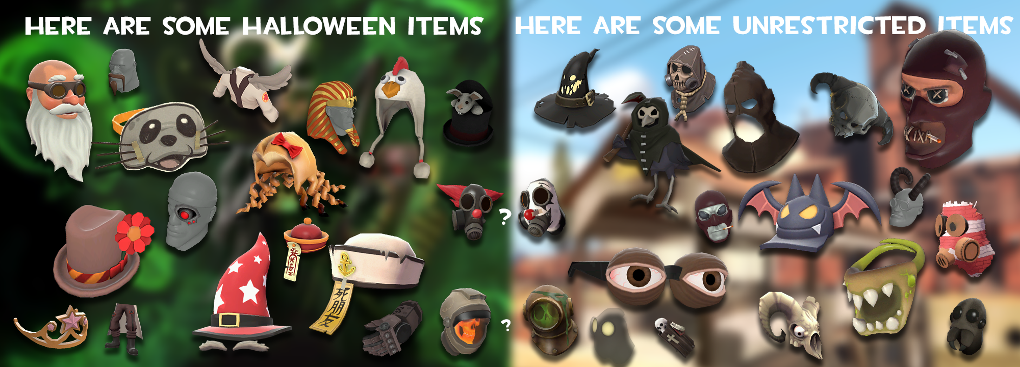 TF2's "Halloween/FullMoon" items are a mess. Here are a few examples