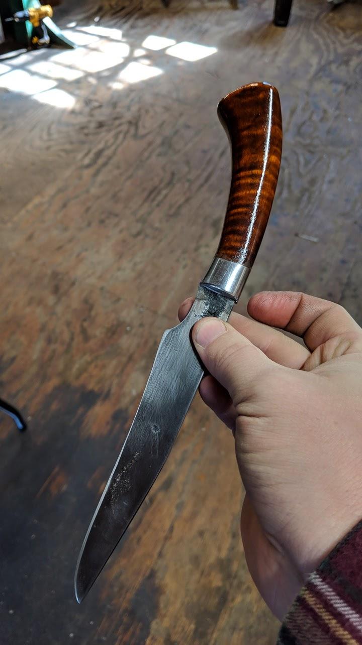 First knife! 1941 Chevy leaf spring with curly maple r/Bladesmith