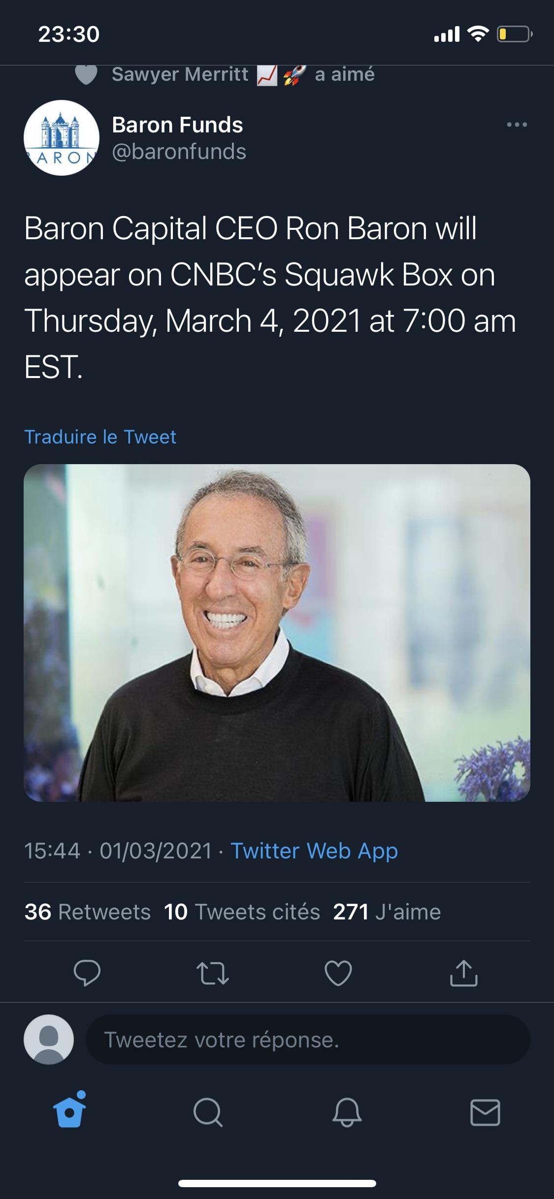 Baron Capital CEO Ron Baron will appear on CNBC’s Squawk Box on Thursday, March 4, 2021 at 700