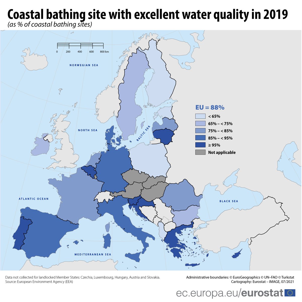 The share of coastal bathing sites with excellent water quality in the