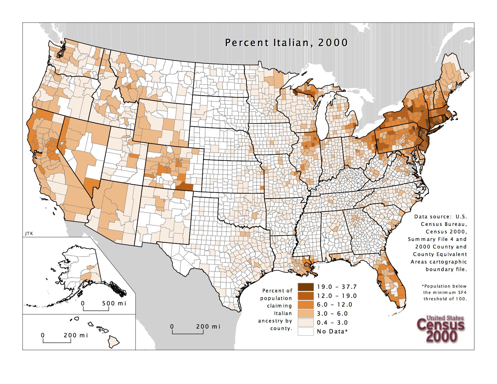 Italian Americans by county, 2000 r/MapPorn